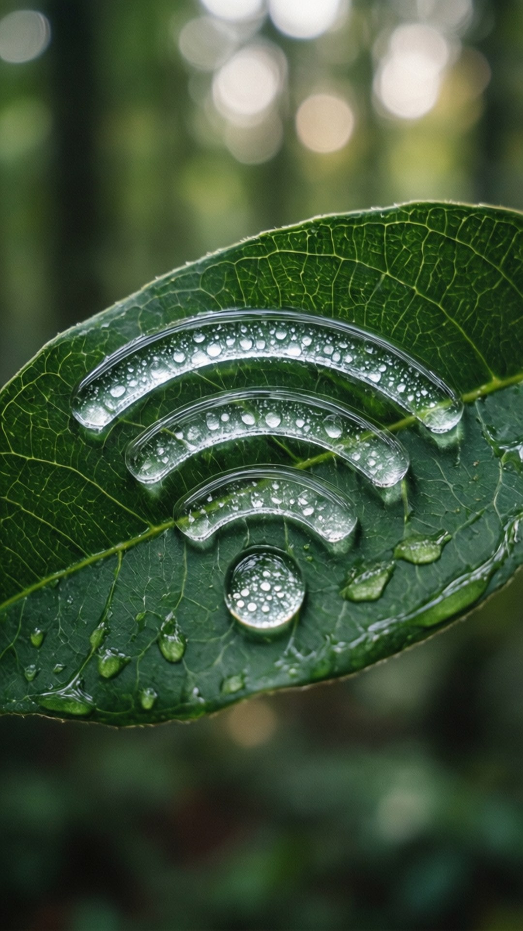 wifi 桌布 壁紙 — 一滴形狀像 Wi-Fi 符號的雨滴停留在森林中一片鮮綠色的葉子上。