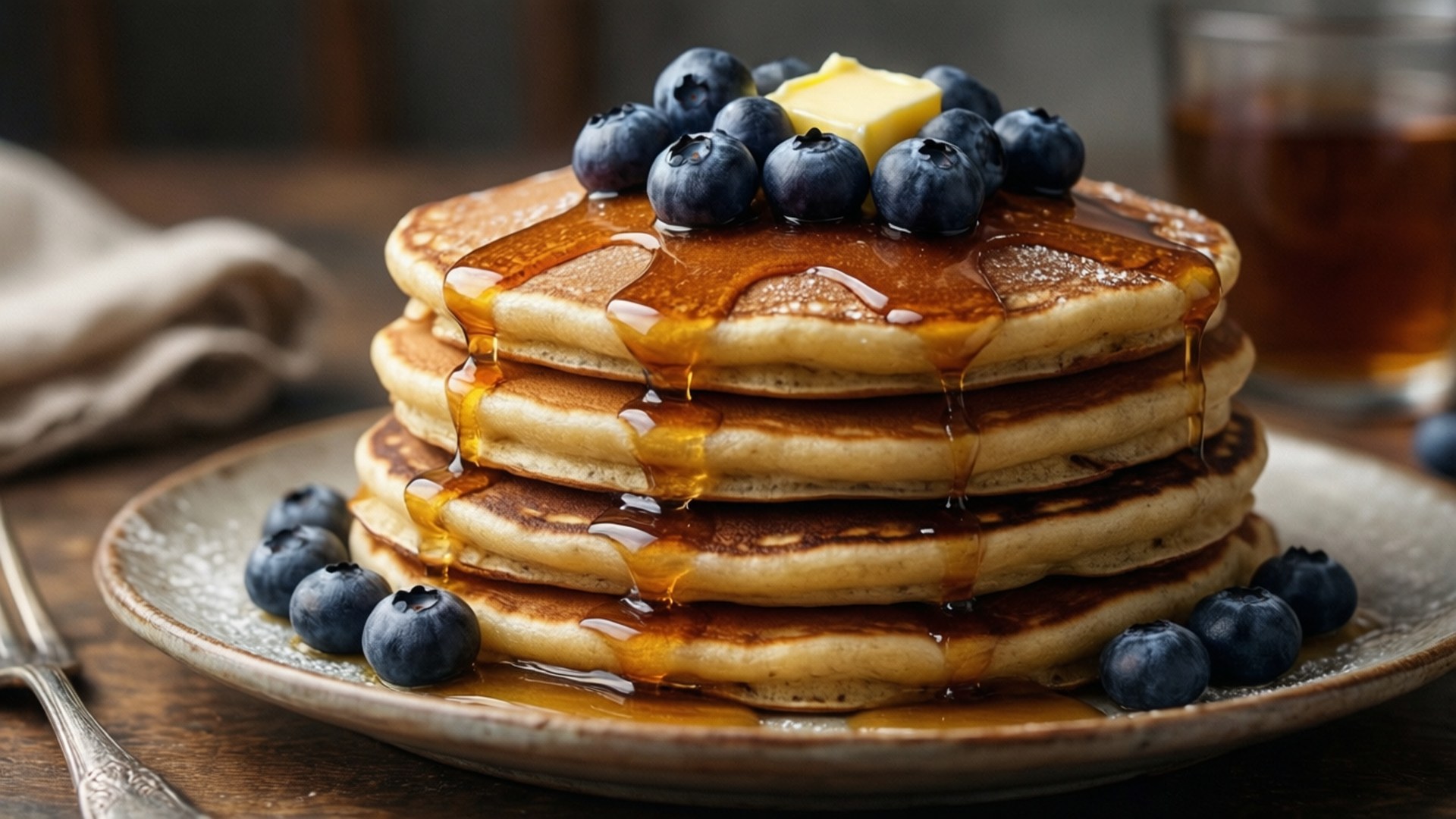 Blueberry Pancake Stack 壁紙 — 一疊高高的金黃色煎餅，淋上糖漿，配上藍莓和奶油，放在鄉村風格的盤子上。