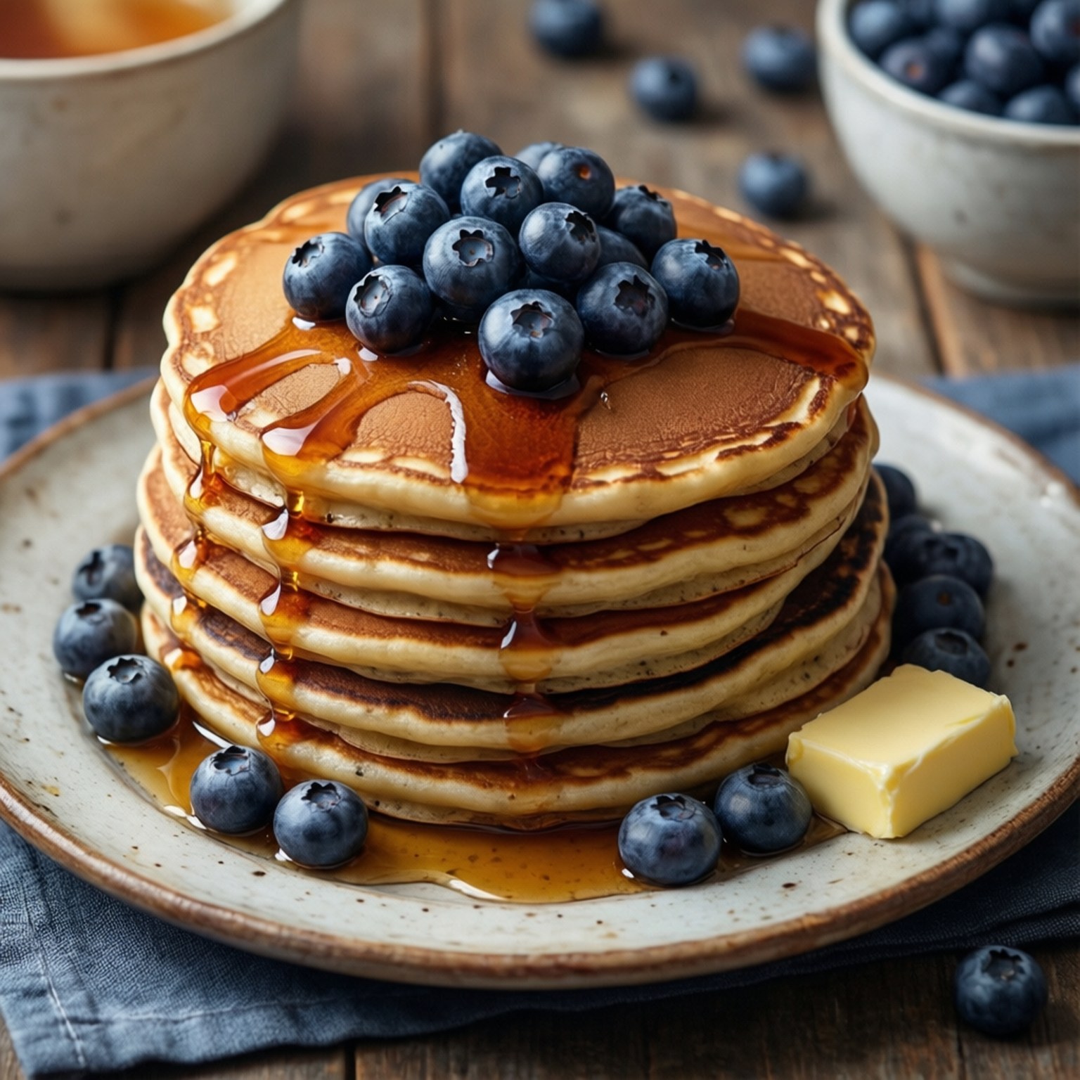 Blueberry Pancakes 壁紙 — 一疊高高的金黃色煎餅，淋上糖漿，上面放上新鮮藍莓，放在鄉村風格的盤子上，旁邊有奶油和散落的莓果。