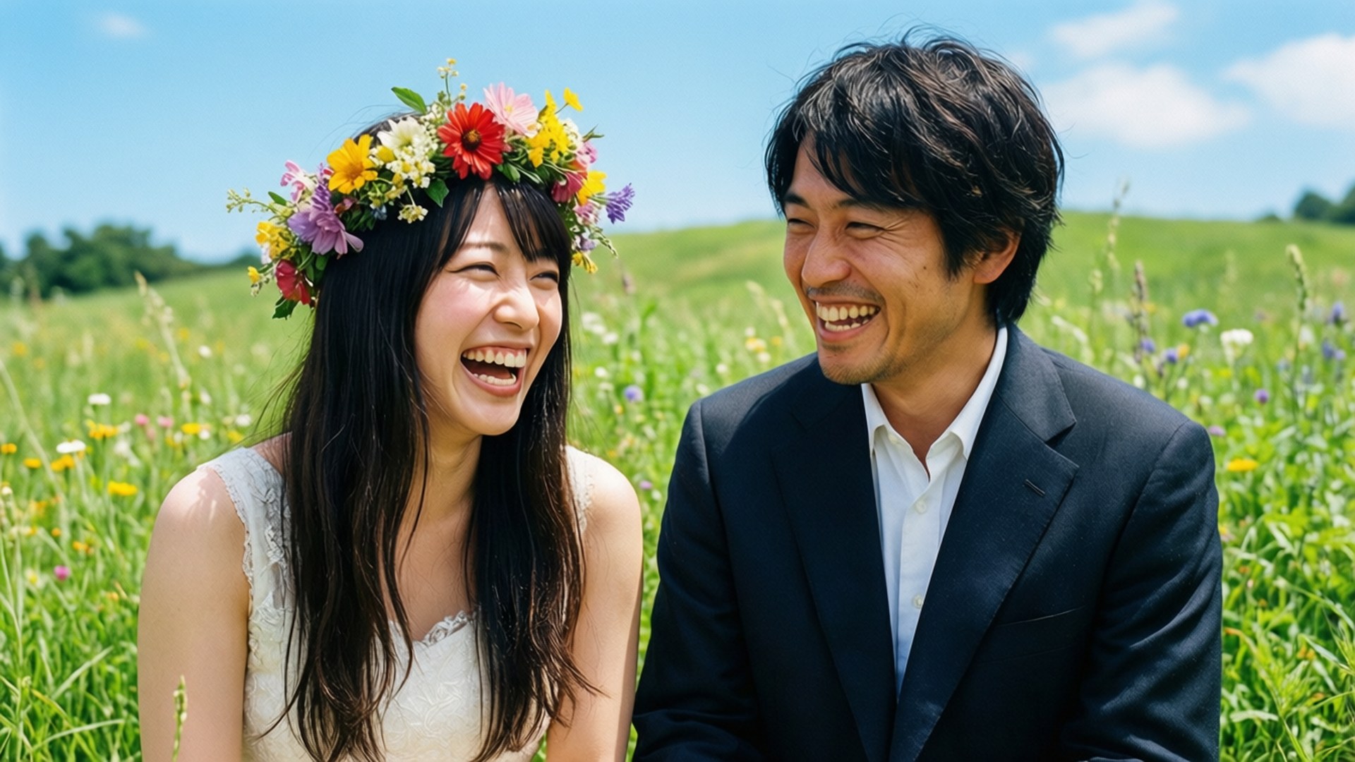 一對在田野中大笑的情侶，戴著花冠和西裝。