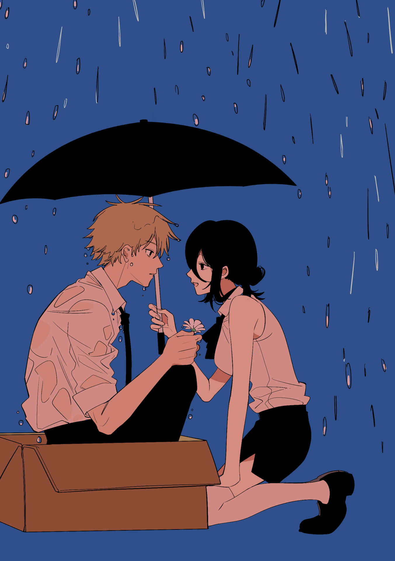  壁紙 — 一對年輕情侶在雨中共享一把黑色雨傘，坐在紙箱上，背景是深藍色。