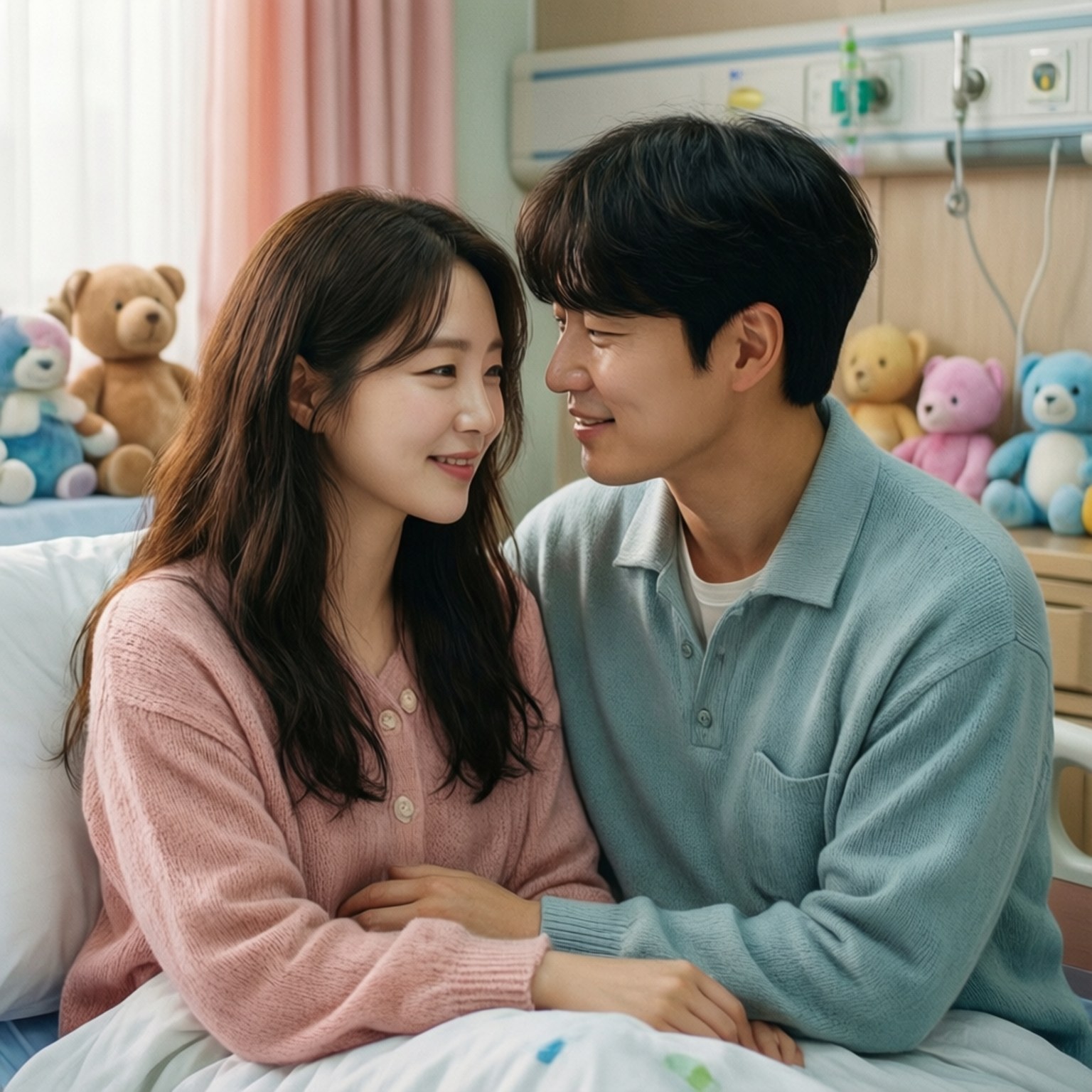 Pediatric Ward Romance 壁紙 — 一對年輕夫婦在充滿彩色泰迪熊的醫院房間裡溫暖地互相微笑。
