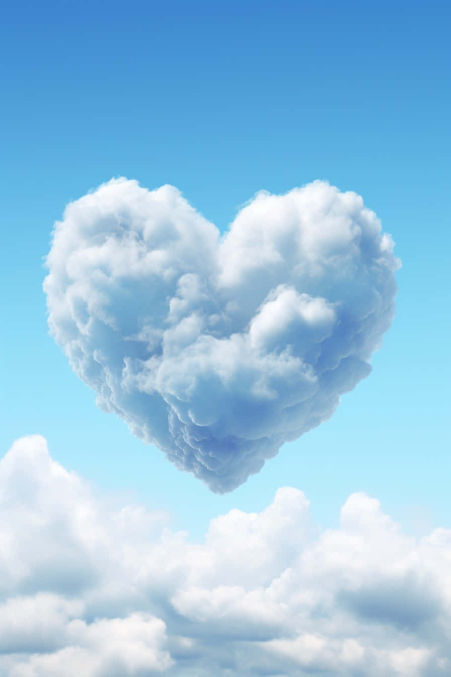 I Love God 桌布 壁紙 — 一朵蓬鬆的白色心形雲朵在清澈的藍天中寧靜地漂浮，下方有散落的雲朵。