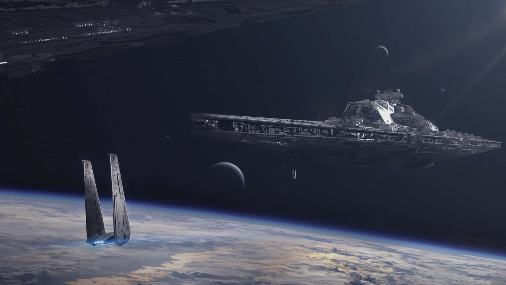  壁紙 — 一架TIE戰鬥機和星際毀滅者號在星空虛空下籠罩著行星的彎曲地平線。