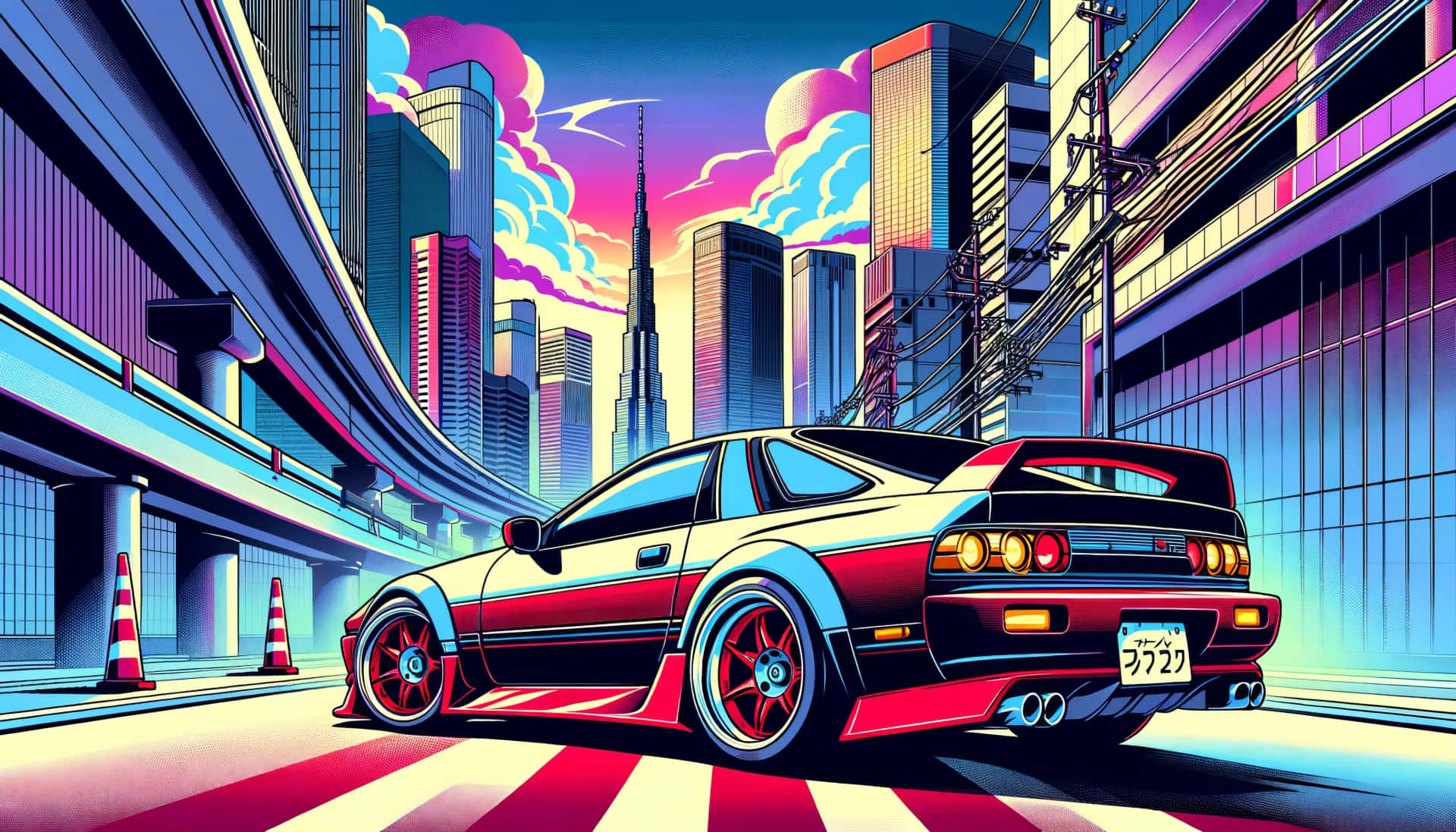  壁紙 — 一輛充滿活力的復古跑車在日落時分疾馳穿過霓虹閃爍的賽博龐克城市景觀。