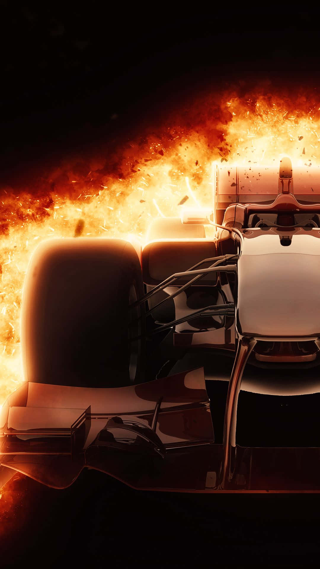 賽車在黑暗中燃燒著強烈的火焰。 — F1 壁紙