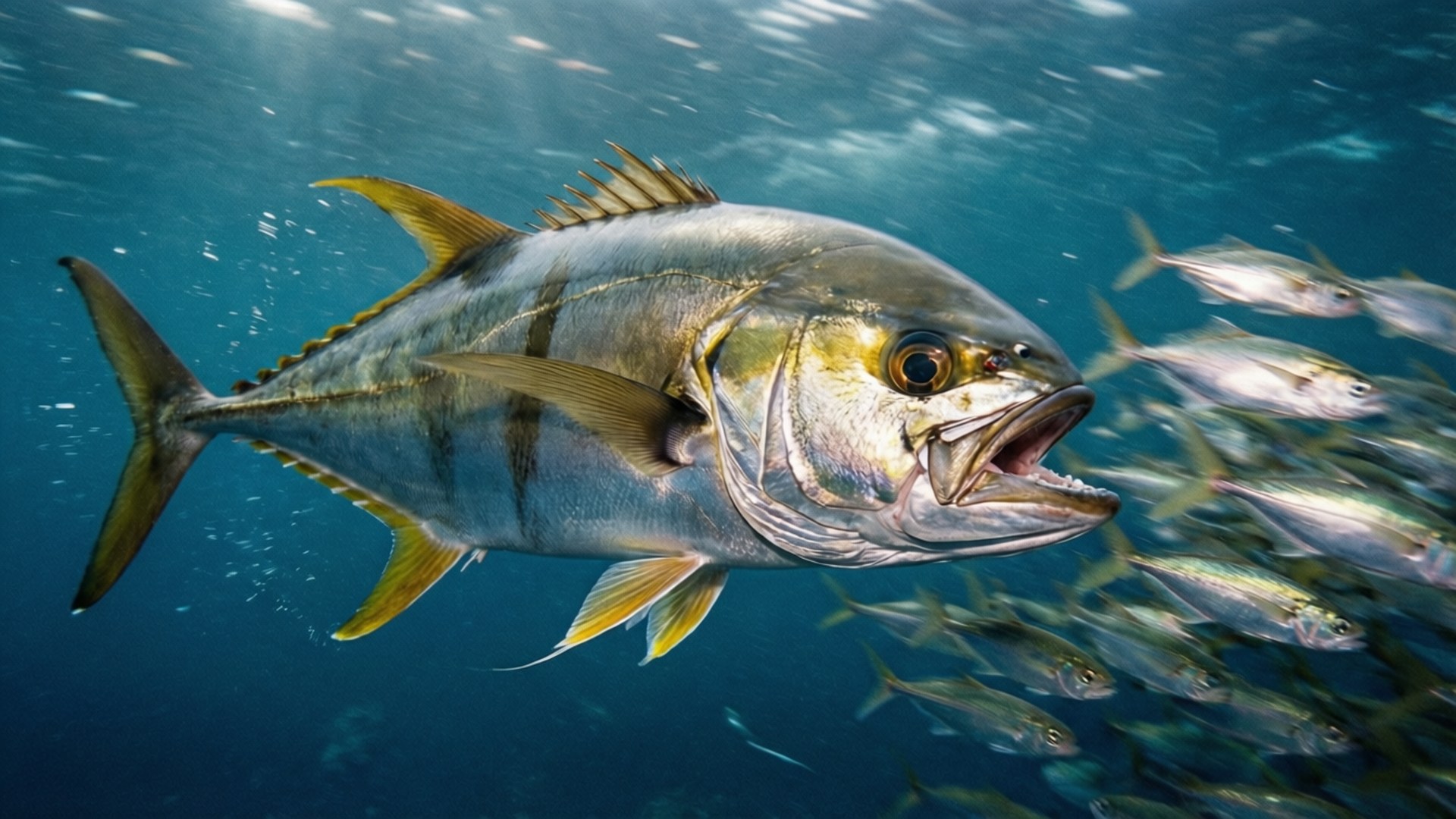 Greater Amberjack 桌布 壁紙 — 一條大型黃鰭鮪魚在清澈的藍色海水中強而有力地游動，周圍有一群小魚穿梭。