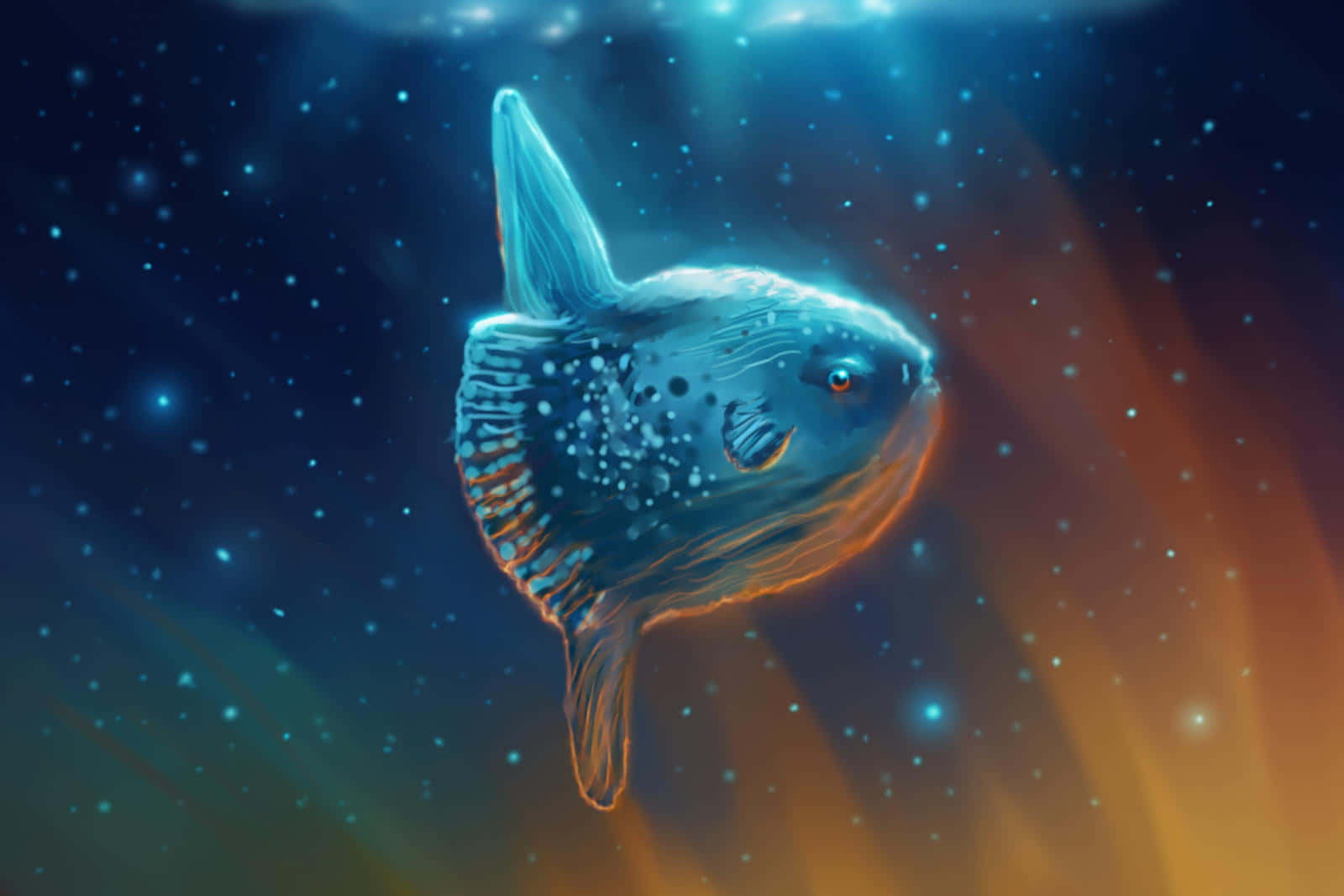  壁紙 — 一條發光的藍色翻車魚在星光閃爍的水下場景中游動，伴隨著耀眼的橙色和藍色光束。