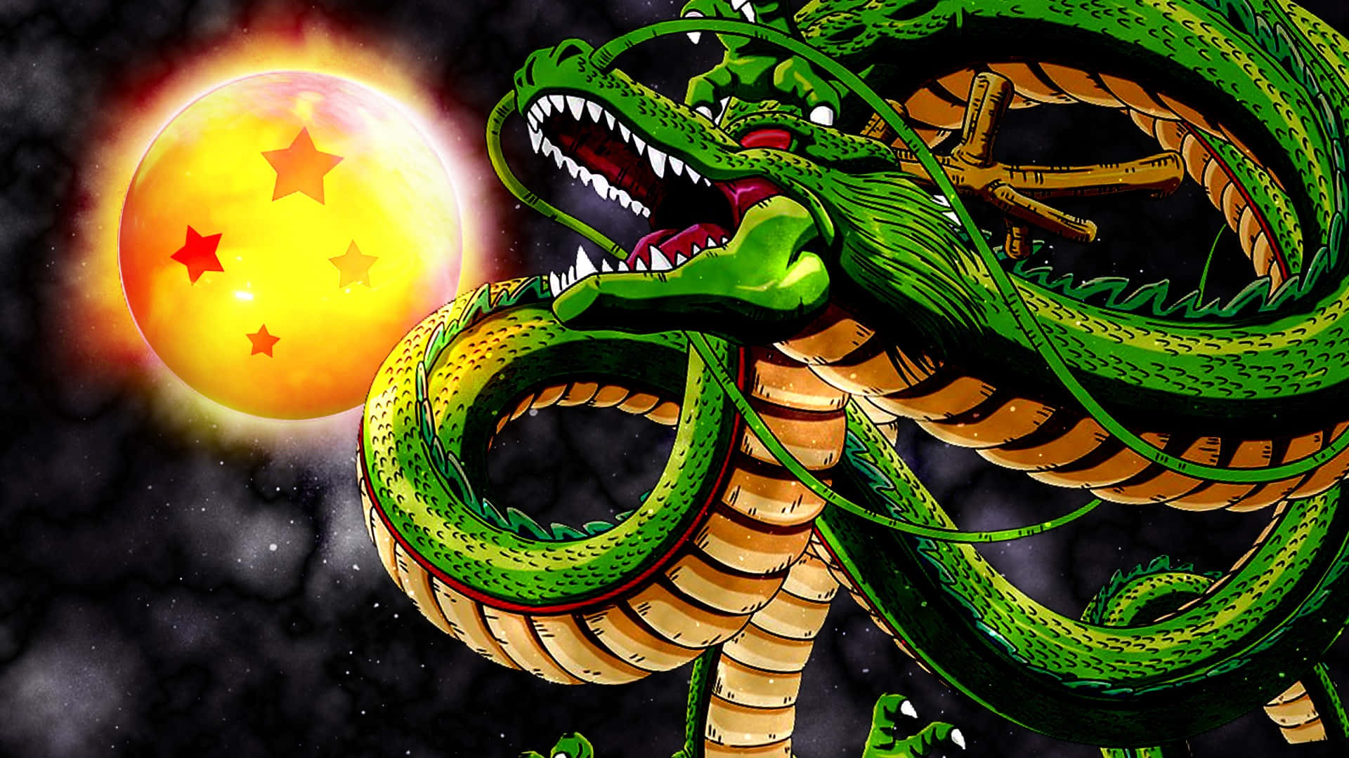  壁紙 — 一條兇猛的綠色龍在繁星點點的天空下威脅性地盤繞，背景是一顆帶有紅色星星的發光行星。