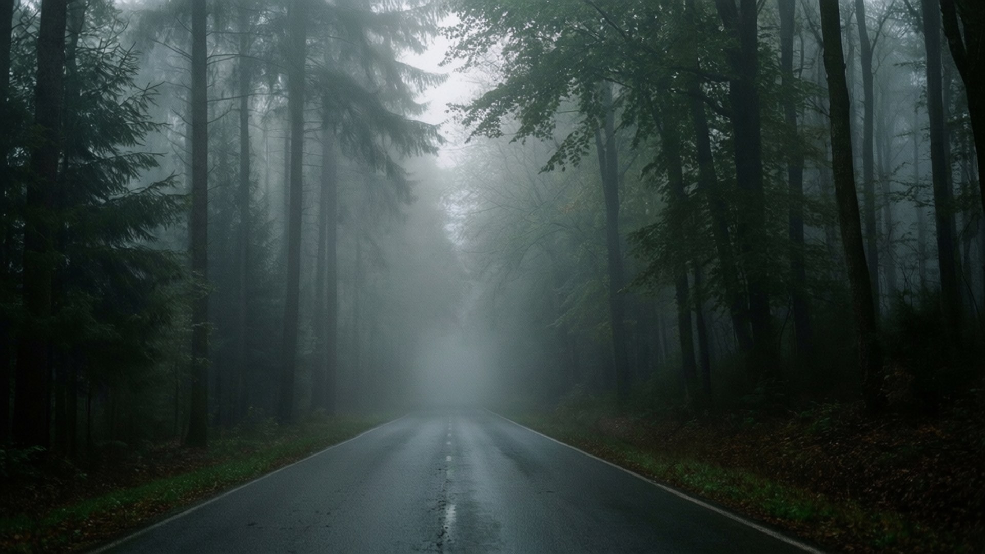 Foggy Forest Road 壁紙 — 一條濕漉漉的瀝青路消失在濃霧中，兩旁是茂密森林中高聳的常綠樹。