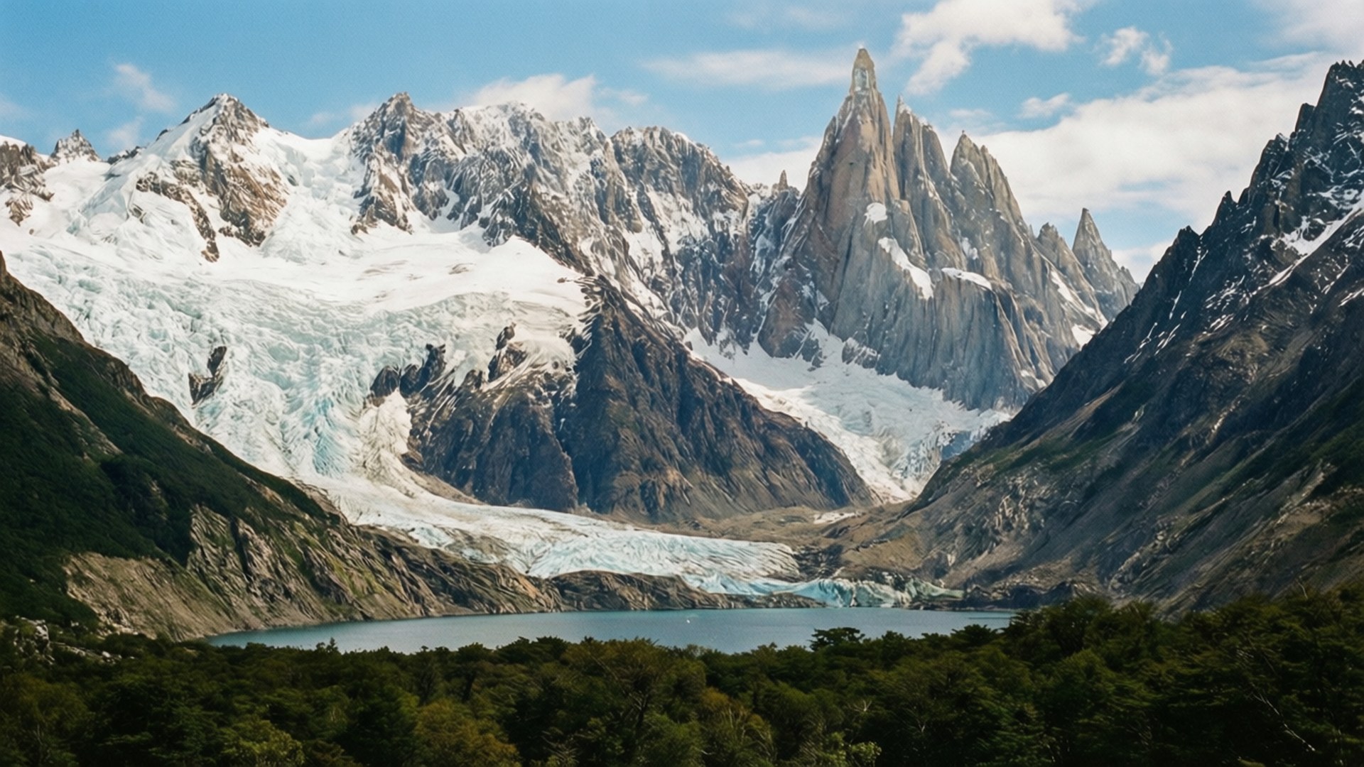 Argentina 壁紙 — 一條雄偉的冰川從白雪覆蓋的山峰流入一個被茂密綠色森林包圍的寧靜碧綠湖泊。