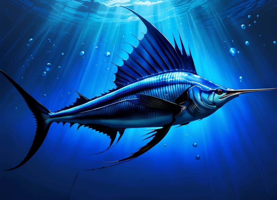  壁紙 — 一條雄偉的藍色馬林魚在陽光照射的海洋深處滑行，光線穿透水面，氣泡漂浮四周。