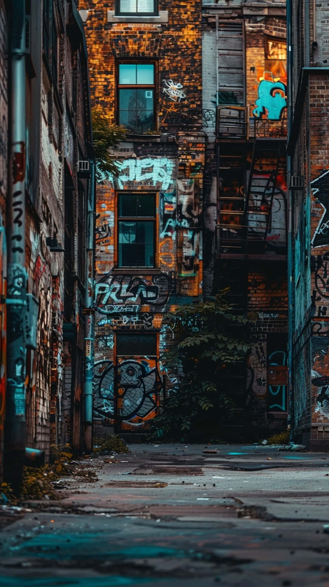  壁紙 — 一條狹窄的城市小巷，兩旁是風化的磚砌建築，佈滿鮮豔的塗鴉，並長滿了綠色植物。