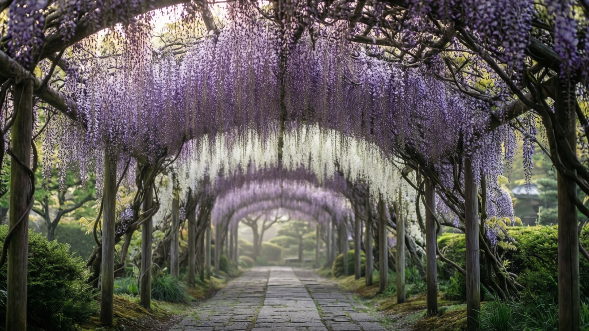Wisteria 桌布 壁紙 — 一條石徑蜿蜒穿過一條由層疊的紫色紫藤花組成的隧道，在晨光中柔和地發光。