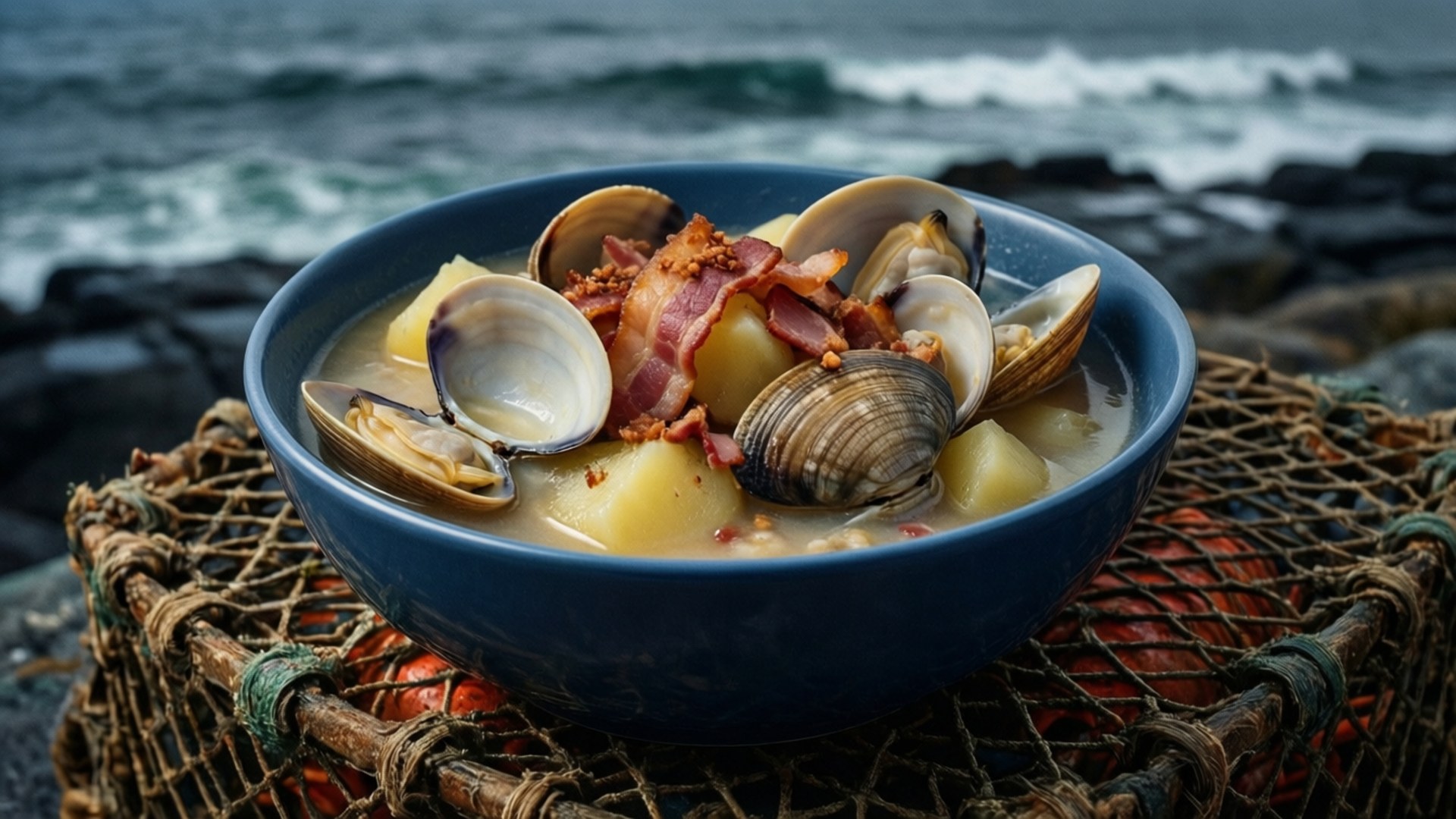 Chowder 桌布 壁紙 — 一碗冒煙的蛤蜊馬鈴薯配培根擱在漁網上，旁邊是拍岸的海浪。