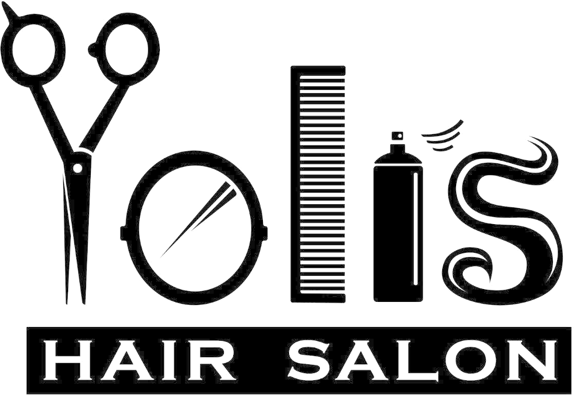 美髮沙龍 桌布 壁紙 — Yoli's Hair Salon 的黑白標誌，包含剪刀、梳子、噴霧瓶和風格化文字。