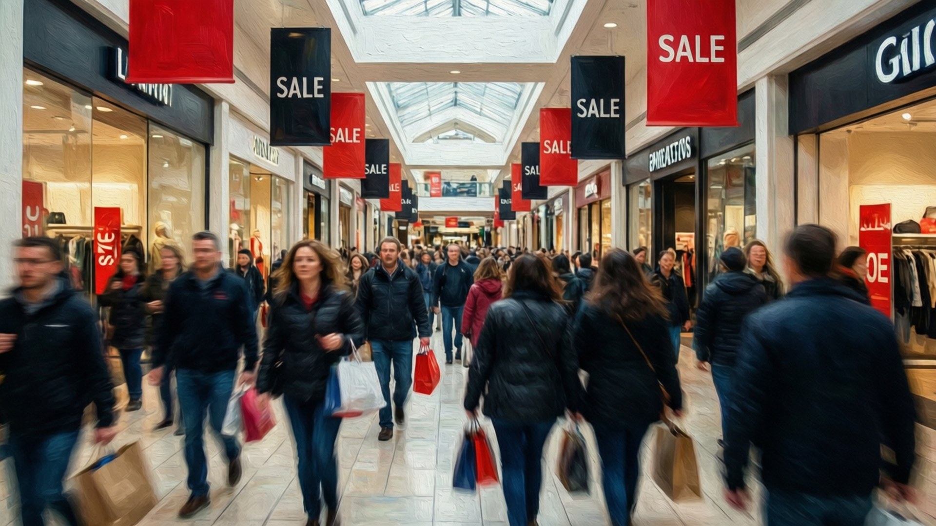Rush Hour Shopping 壁紙 — 擁擠的購物中心走廊，人們在玻璃天花板下走過商店，天花板懸掛著紅色特價橫幅。