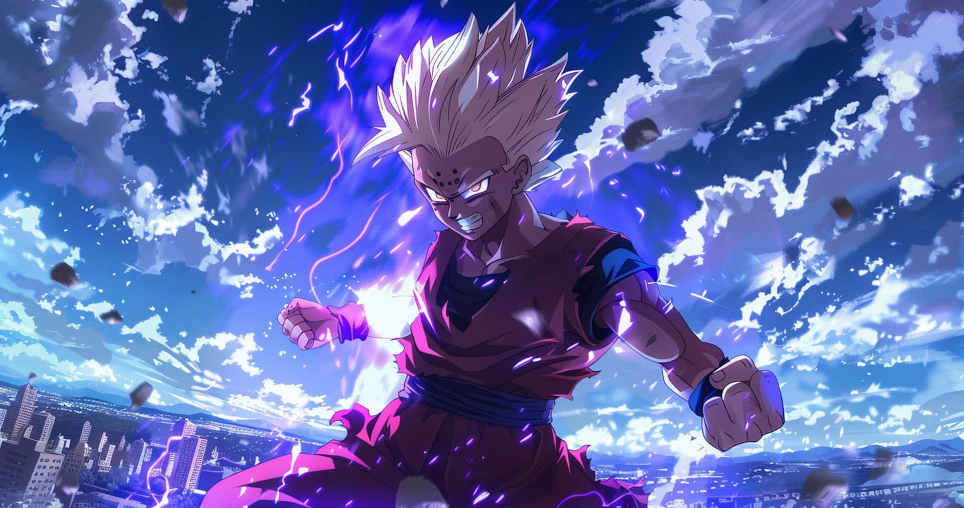  壁紙 — 擁有尖刺頭髮和發光光環的動漫戰士，在暴風雨的天空下強勢地站在城市景觀之上。