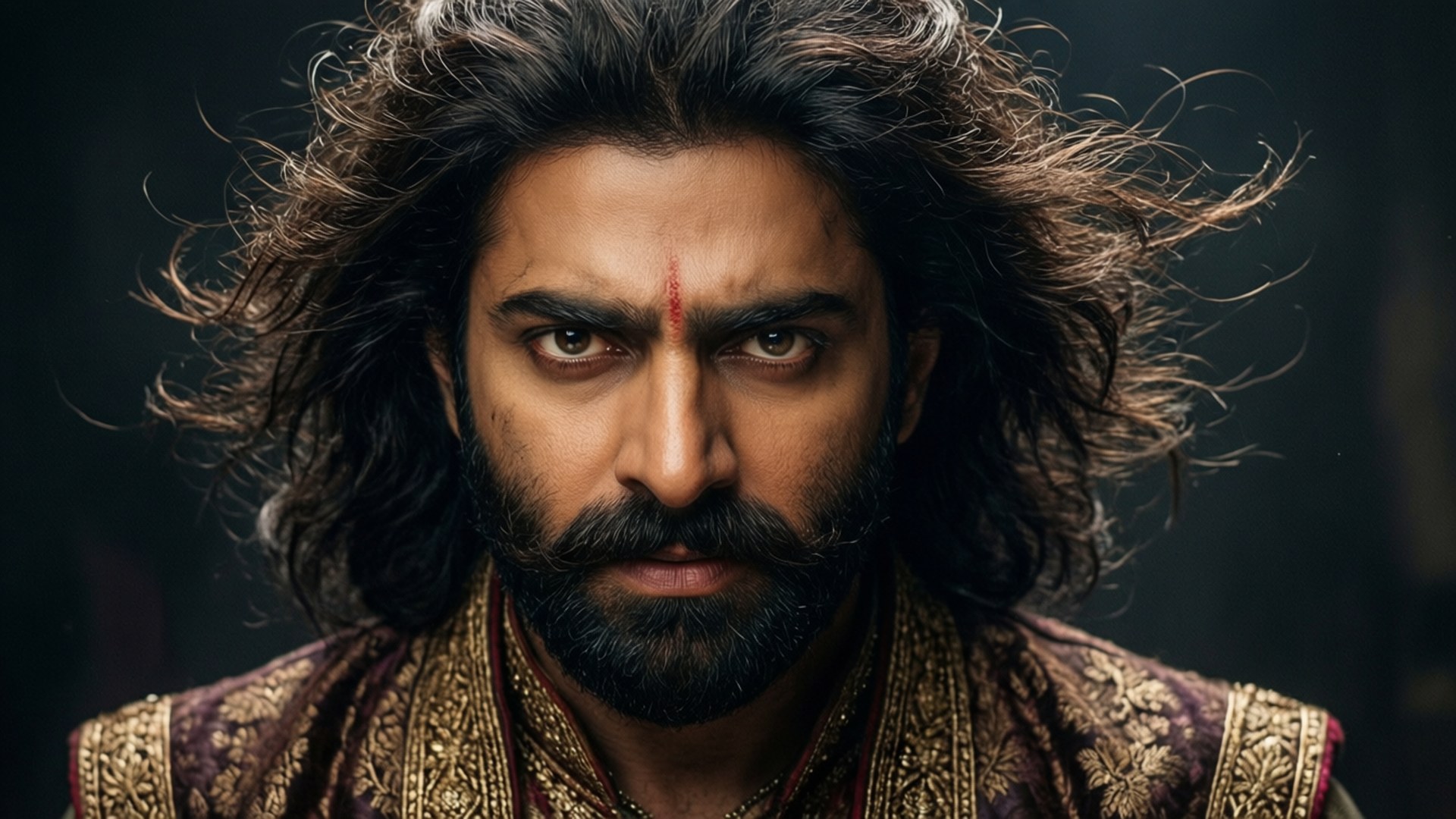 Khilji Menacing Portrait 壁紙 — 一個擁有狂野黑髮和紅色眉心貼的男人，穿著華麗刺繡的栗色和金色長袍，在黑暗背景下凝視著。