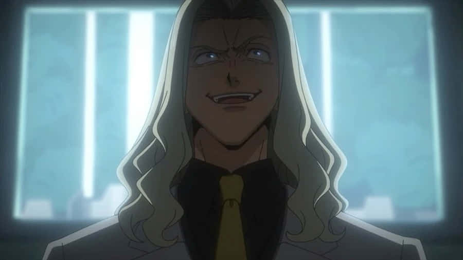 The Promised Neverland Peter Ratri 桌布 壁紙 — 一個擁有長銀髮和邪惡笑容的動漫角色，穿著西裝和黃色領帶，背景是發光的窗戶。