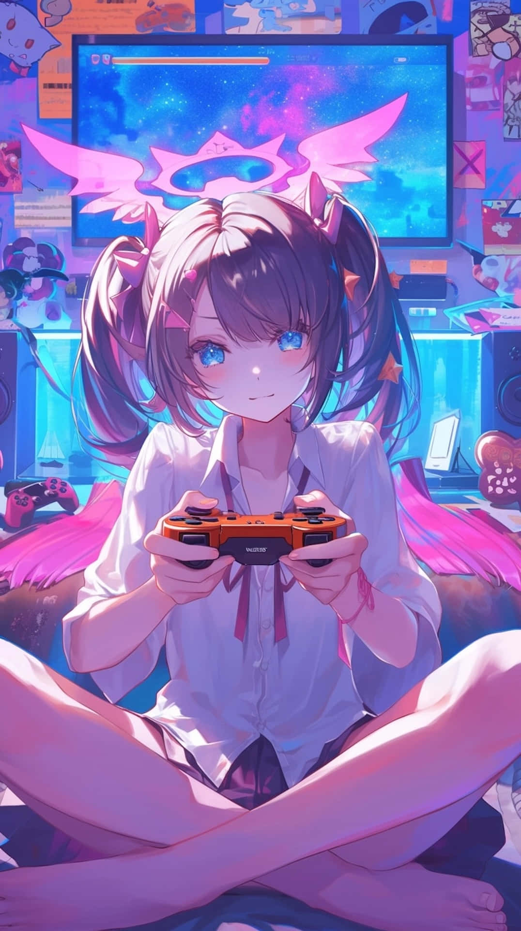 Needy Streamer Overload 桌布 壁紙 — 擁有粉紅色翅膀和藍色眼睛的動漫女孩盤腿而坐，在霓虹燈照亮的遊戲室裡拿著遊戲控制器。