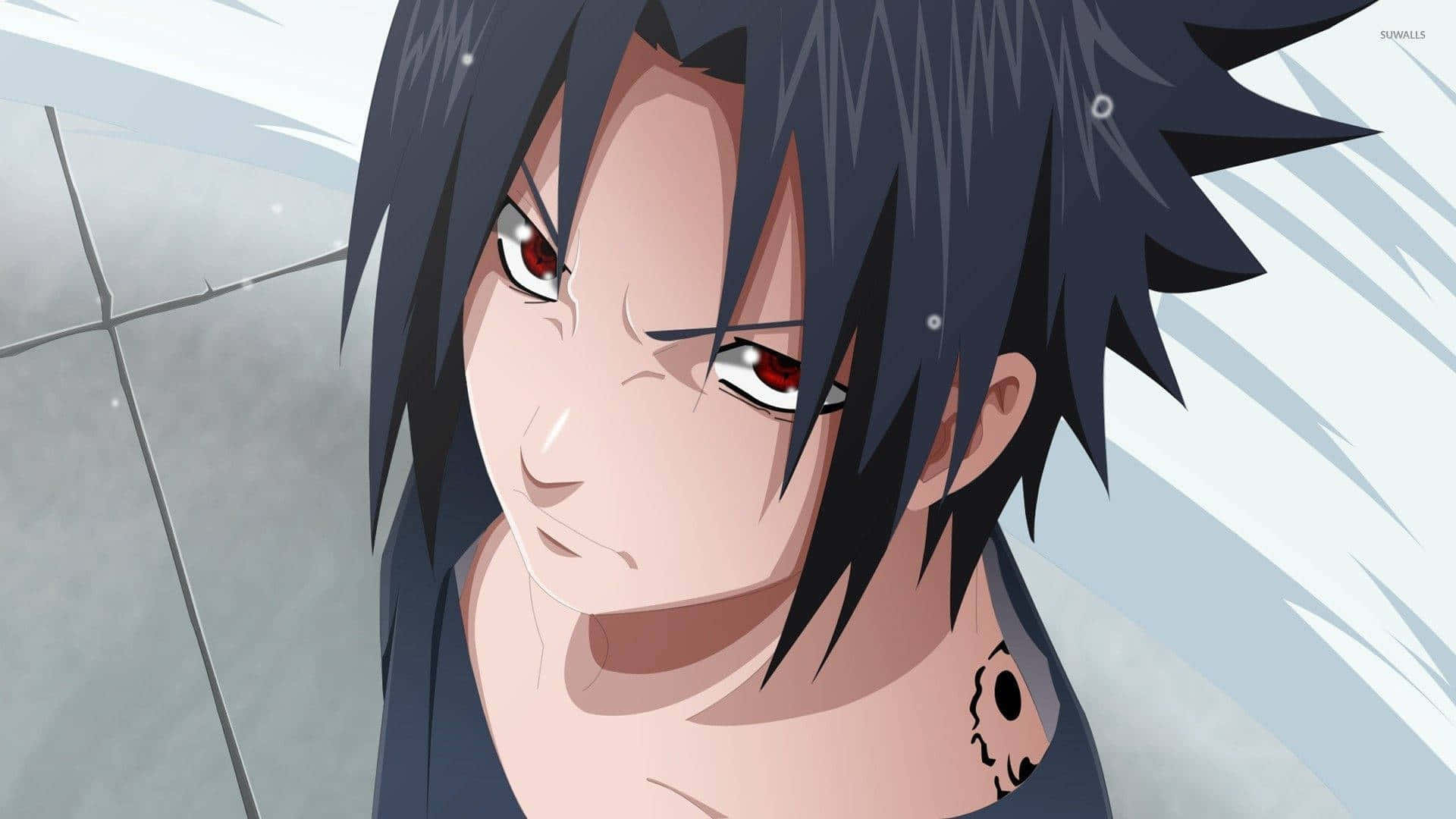 紅眼黑髮的動漫忍者，表情嚴肅。 — Sasuke 壁紙