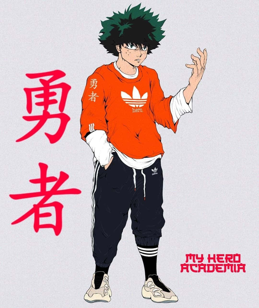  壁紙 — 擁有尖刺綠色頭髮的動漫角色，穿著橙色運動衫和黑色褲子，在帶有紅色日文字的純灰色背景前自信地擺姿勢。