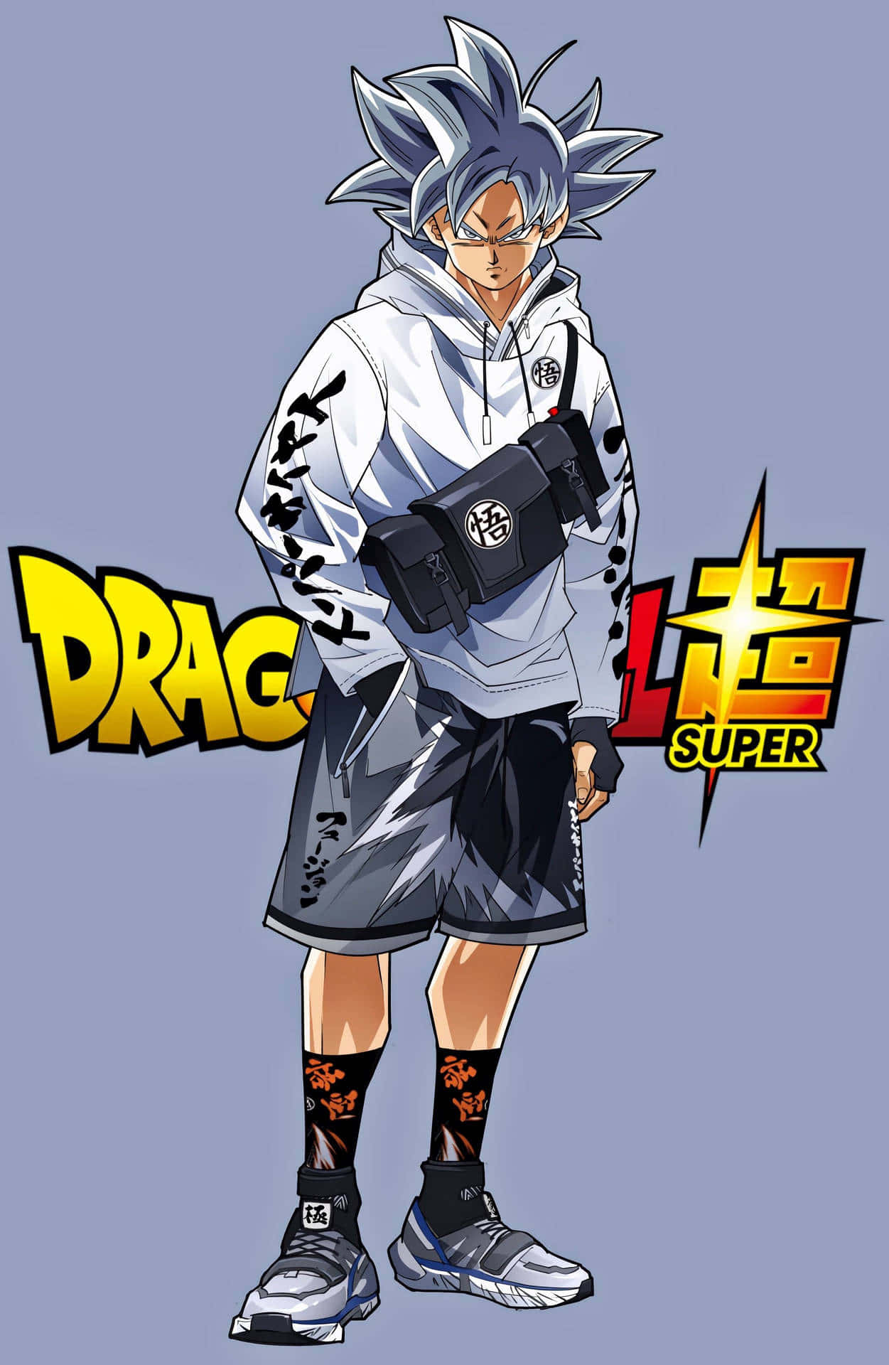  壁紙 — 擁有尖刺銀色頭髮和銳利眼神的動漫角色，自信地穿著白色連帽衫和黑色短褲，站在純紫色背景前。