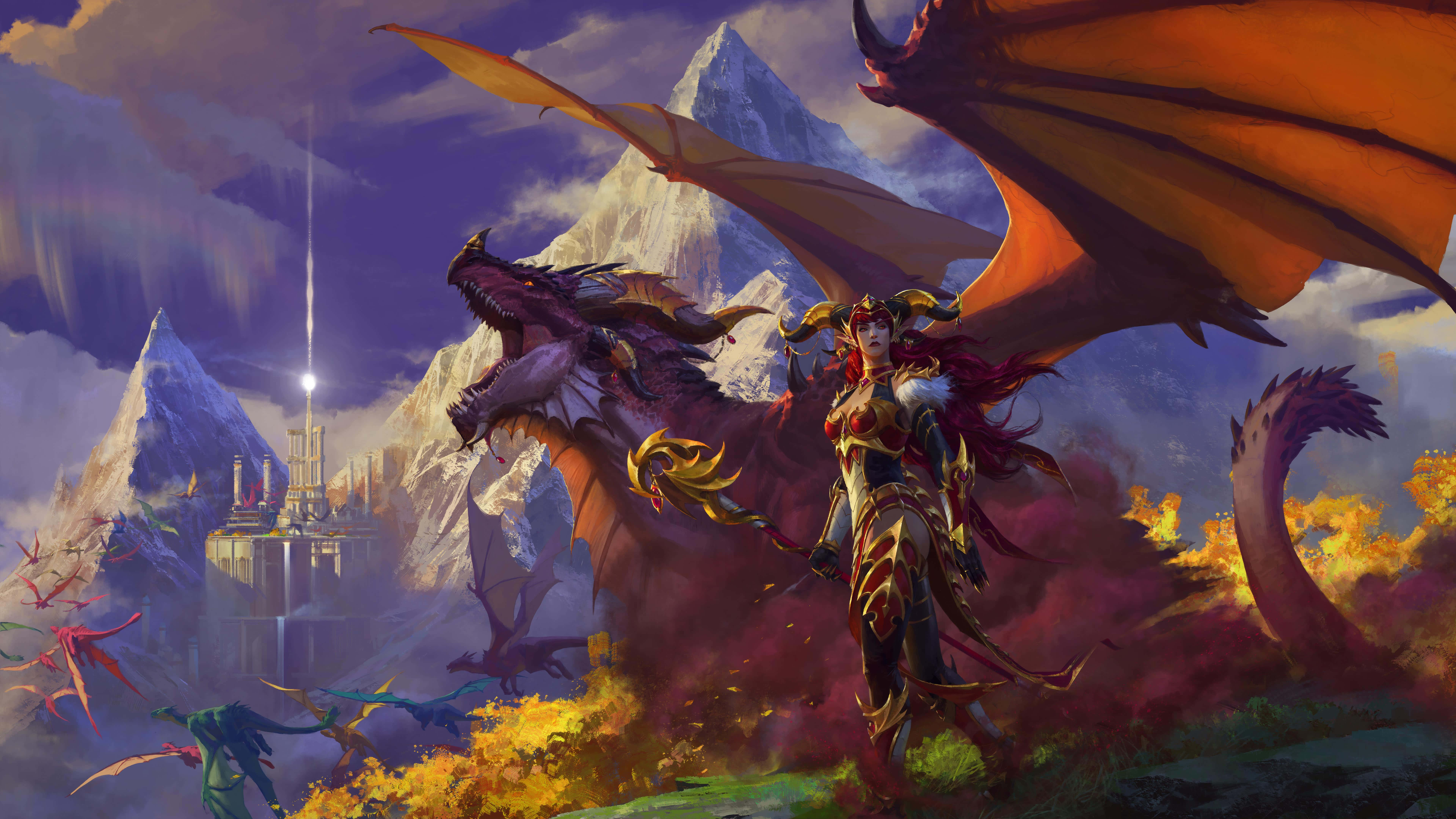 World Of Warcraft Dragon 桌布 壁紙 — 一位擁有龍翼的戰士站在山頂，一頭巨龍在她身旁對著暴風雨的天空咆哮。