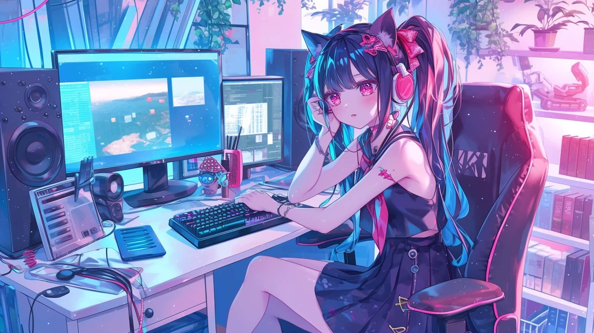 Needy Streamer Overload 桌布 壁紙 — 擁有貓耳和粉紅色頭髮的動漫女孩坐在發光的遊戲桌前，周圍環繞著顯示器和揚聲器，在充滿活力的賽博龐克房間裡。