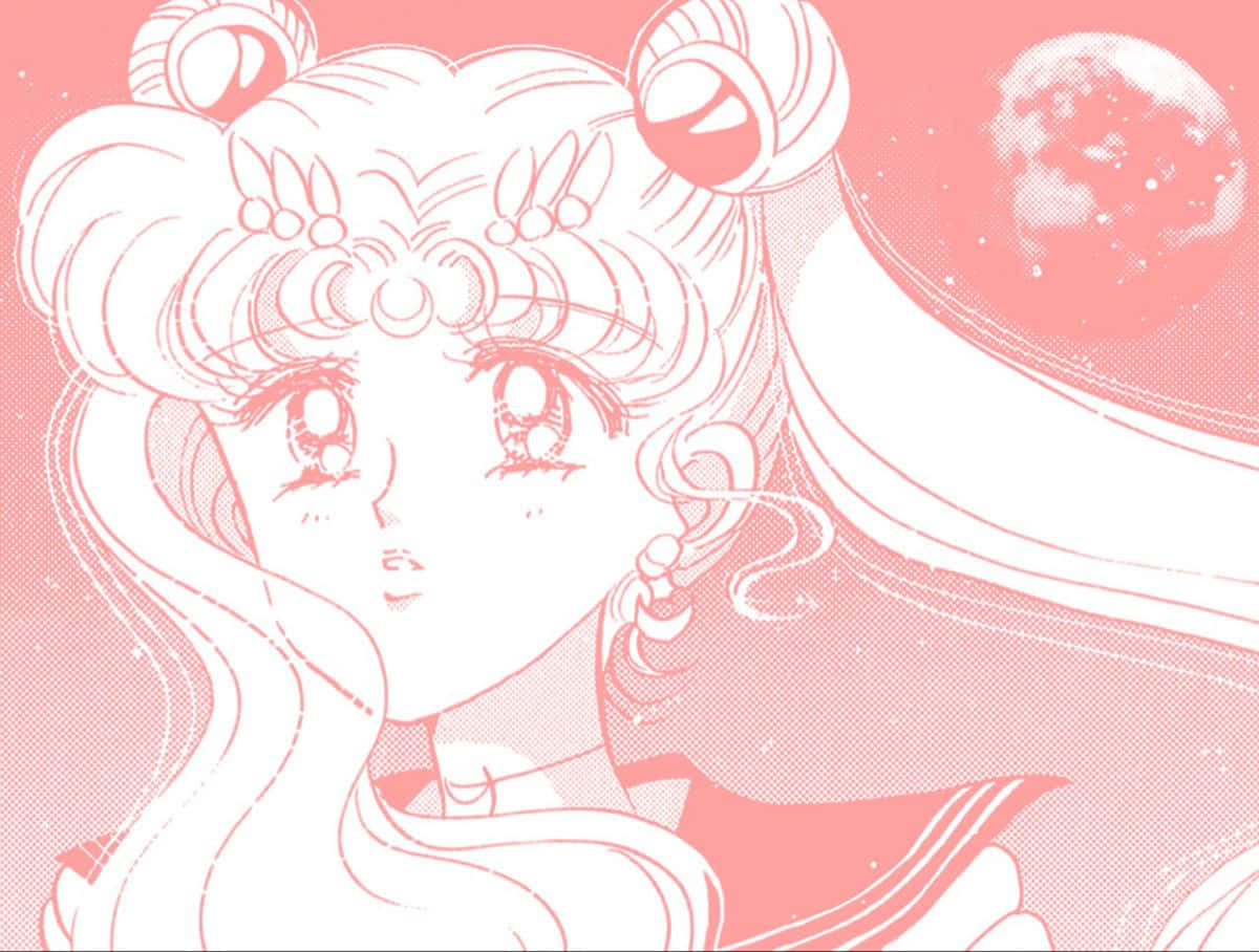  壁紙 — 擁有雙丸子頭和新月髮夾的動漫女孩，在帶有行星的粉紅色星空下向上凝視。