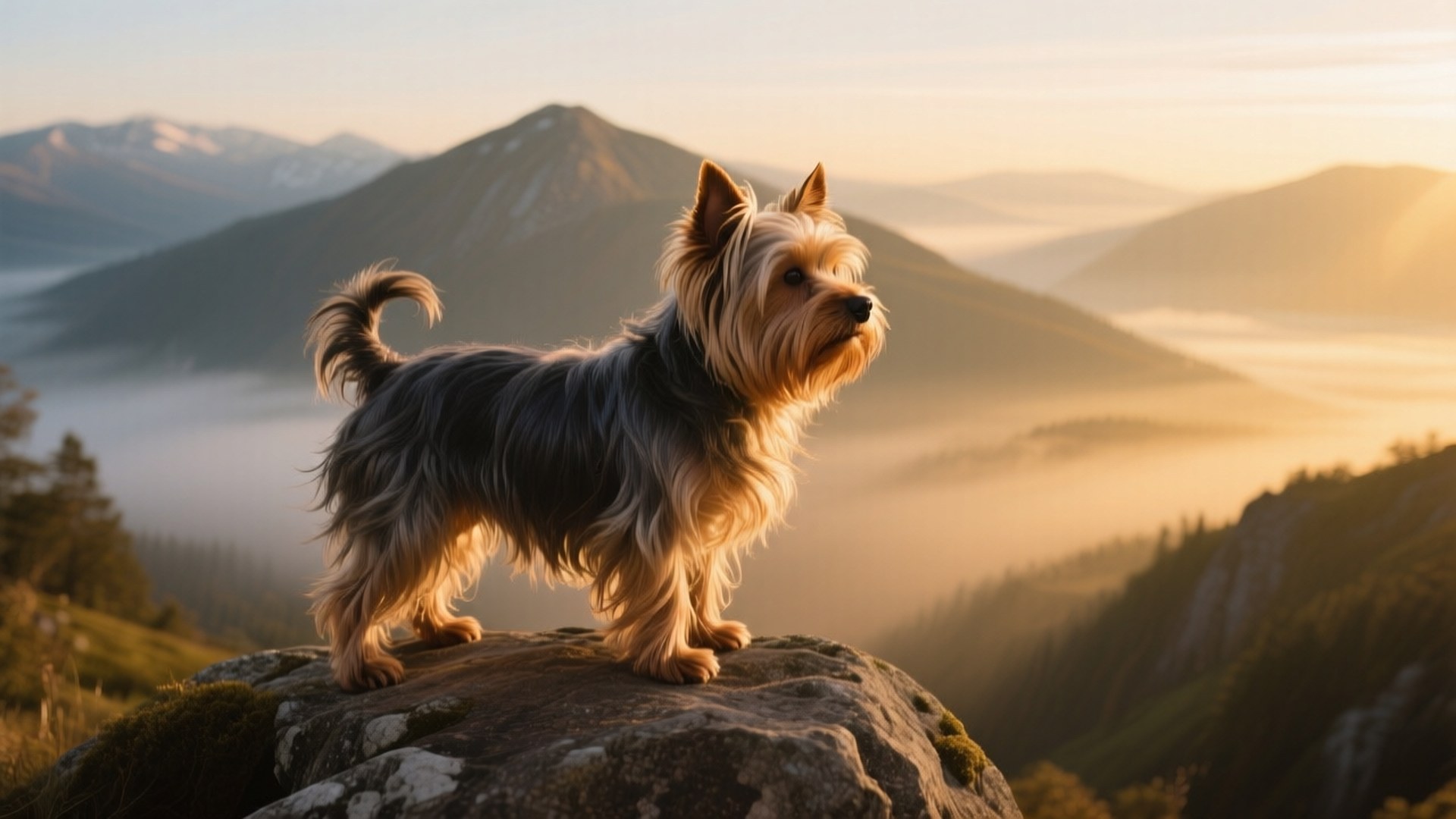 Yorkie Mountain Vista 壁紙 — 一隻約克夏㹴警覺地站在長滿苔蘚的山岩上，俯瞰金色日出下的霧海。