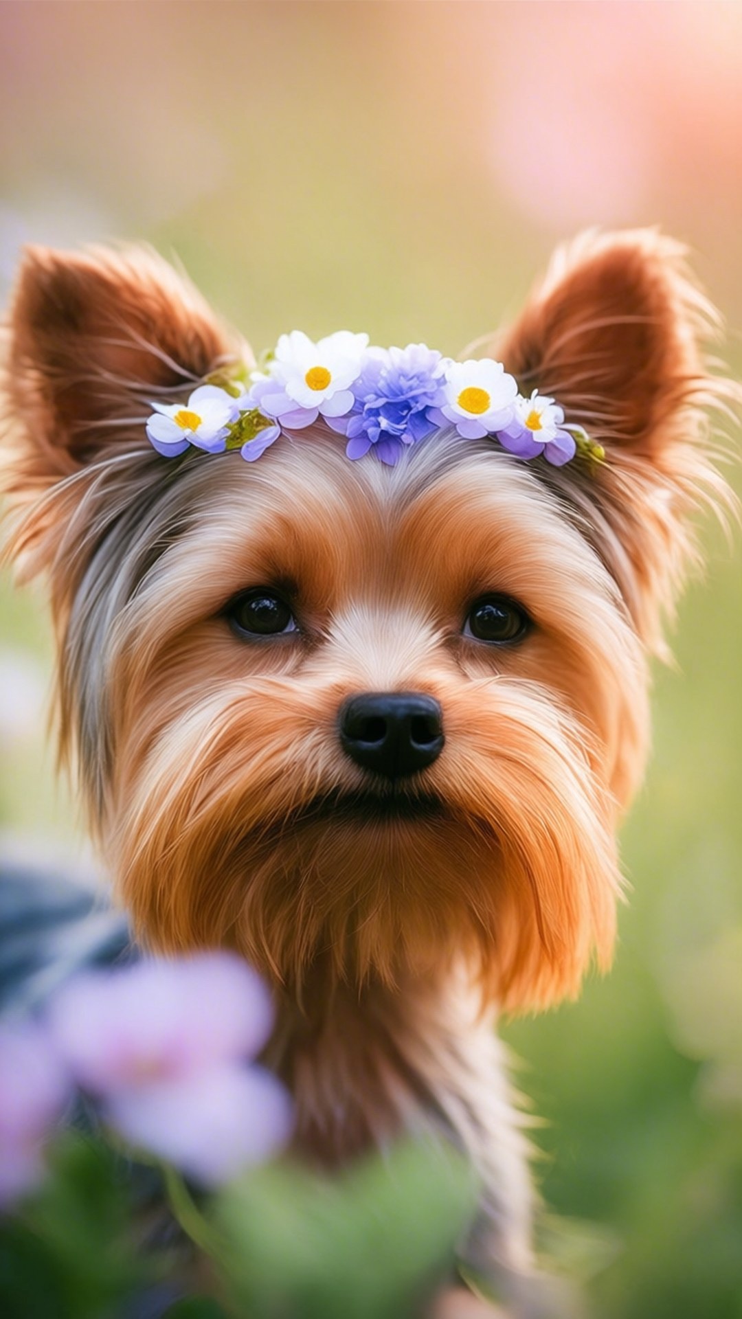 Floral Crown Yorkie 壁紙 — 約克夏㹴的近距離特寫，戴著白色和紫色花朵的花冠，背景是柔和模糊的綠色。