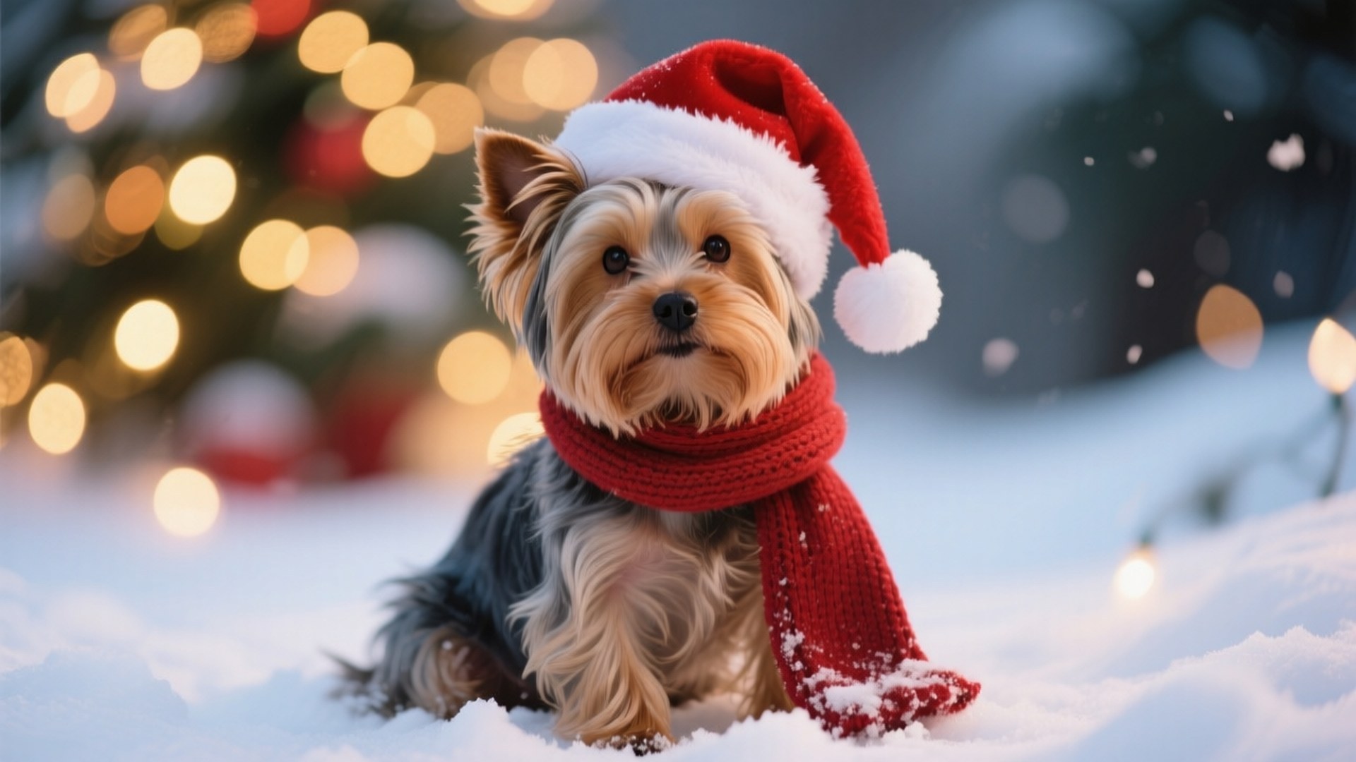 Christmas Yorkie 壁紙 — 一隻約克夏㹴戴著紅色聖誕帽和圍巾坐在雪地中，身後有模糊的節日燈光。