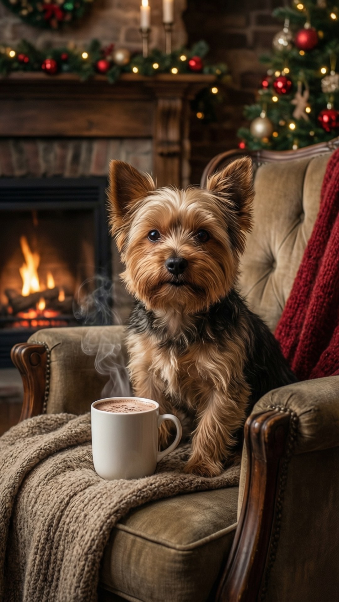 Cozy Yorkie Cocoa 壁紙 — 一隻約克夏㹴坐在舒適的扶手椅上，旁邊放著一杯冒熱氣的飲品，背景中壁爐噼啪作響，裝飾好的聖誕樹閃閃發光。