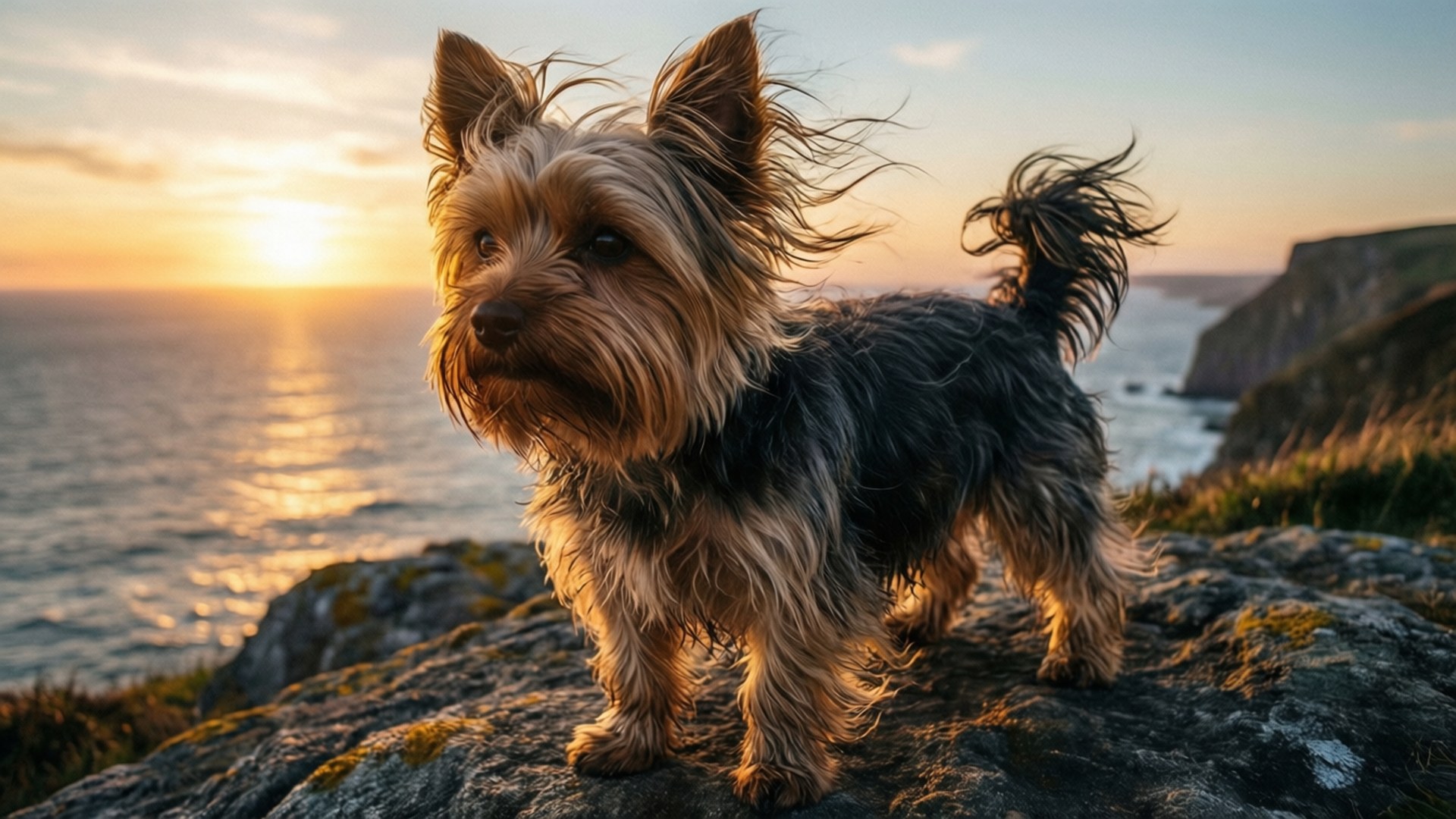Yorkshire Terrier Sunset Cliff 壁紙 — 一隻約克夏㹴站在風吹的懸崖上，夕陽西下，海浪在下方拍打。