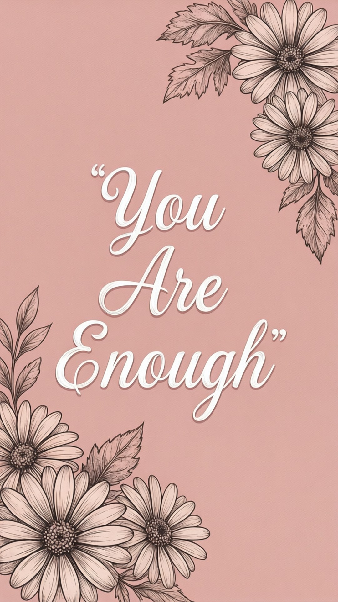 You Are Enough Florals 壁紙 — 柔和粉紅色背景上，以優雅白色字體寫有「You Are Enough」字句，周圍環繞著精緻的手繪雛菊和葉子。