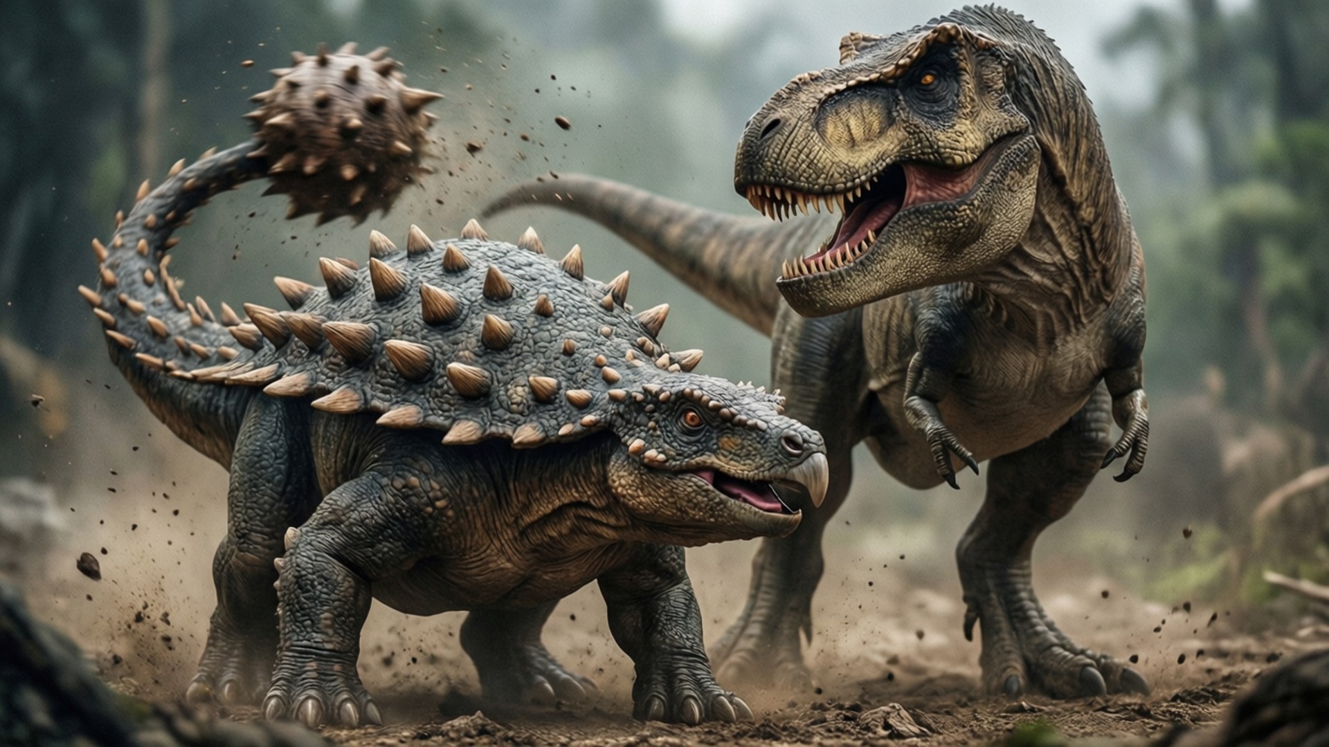 Ankylosaurus vs T-Rex Battle 壁紙 — 一隻有刺的裝甲恐龍向前衝，而一隻咆哮的暴龍從後方撲來，在霧氣瀰漫的森林中。