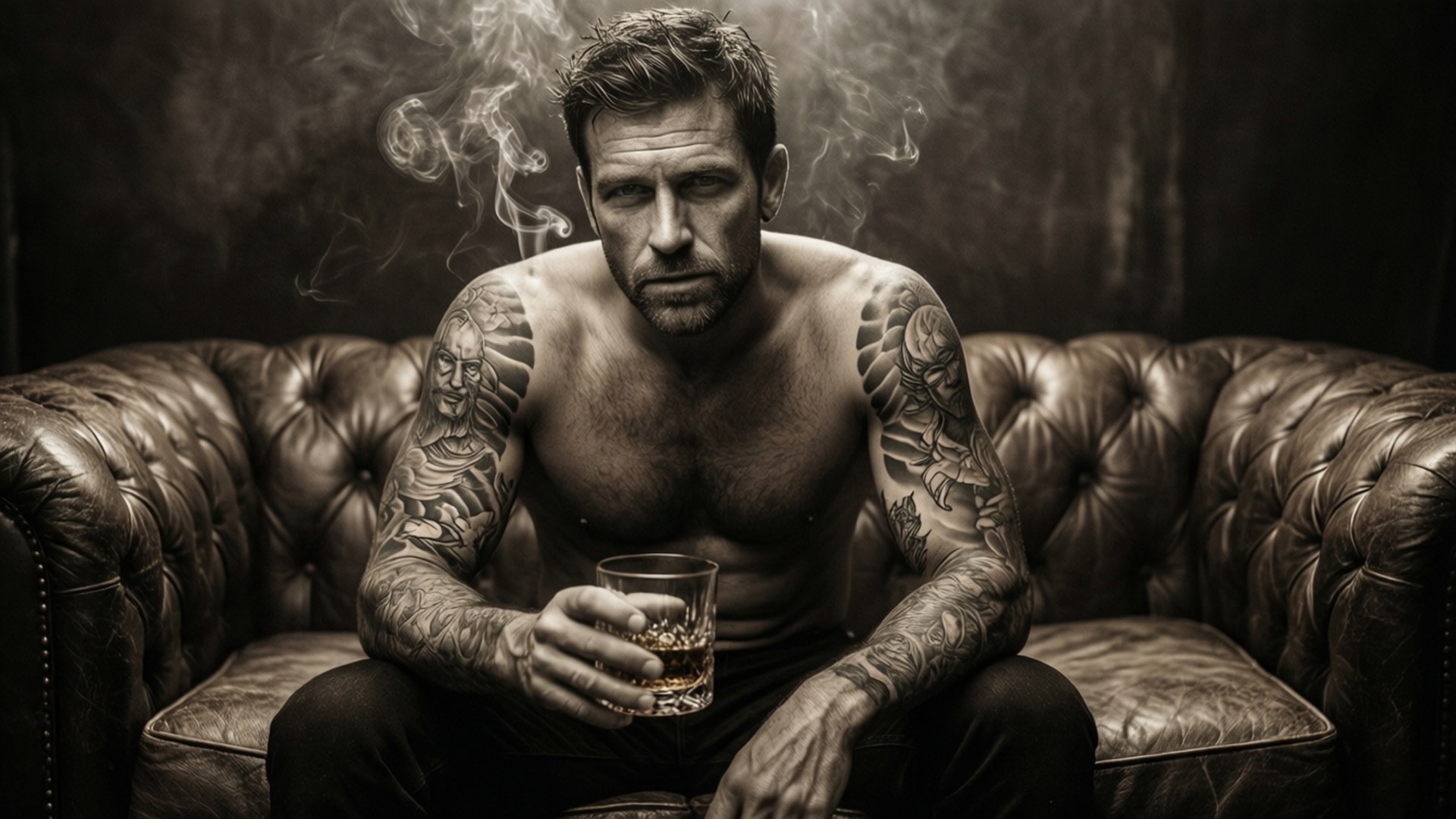 Whiskey & Smoke 壁紙 — 一個有刺青的男人赤裸上身坐在皮沙發上，手持威士忌杯，煙霧在他頭頂縈繞。