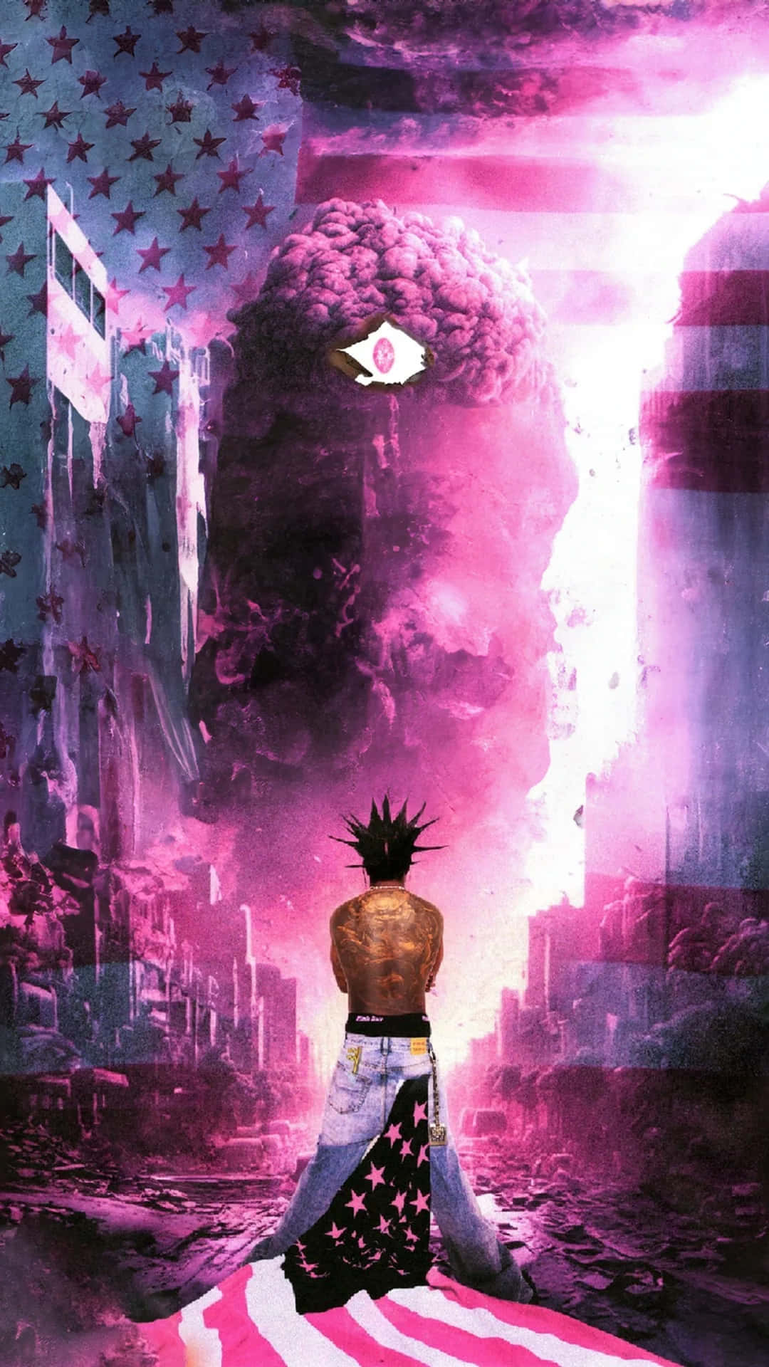  壁紙 — 一個有刺青的人物站在廢墟城市中的旗幟上，面對著一個帶有發光眼睛的巨大粉紅色煙霧雲。