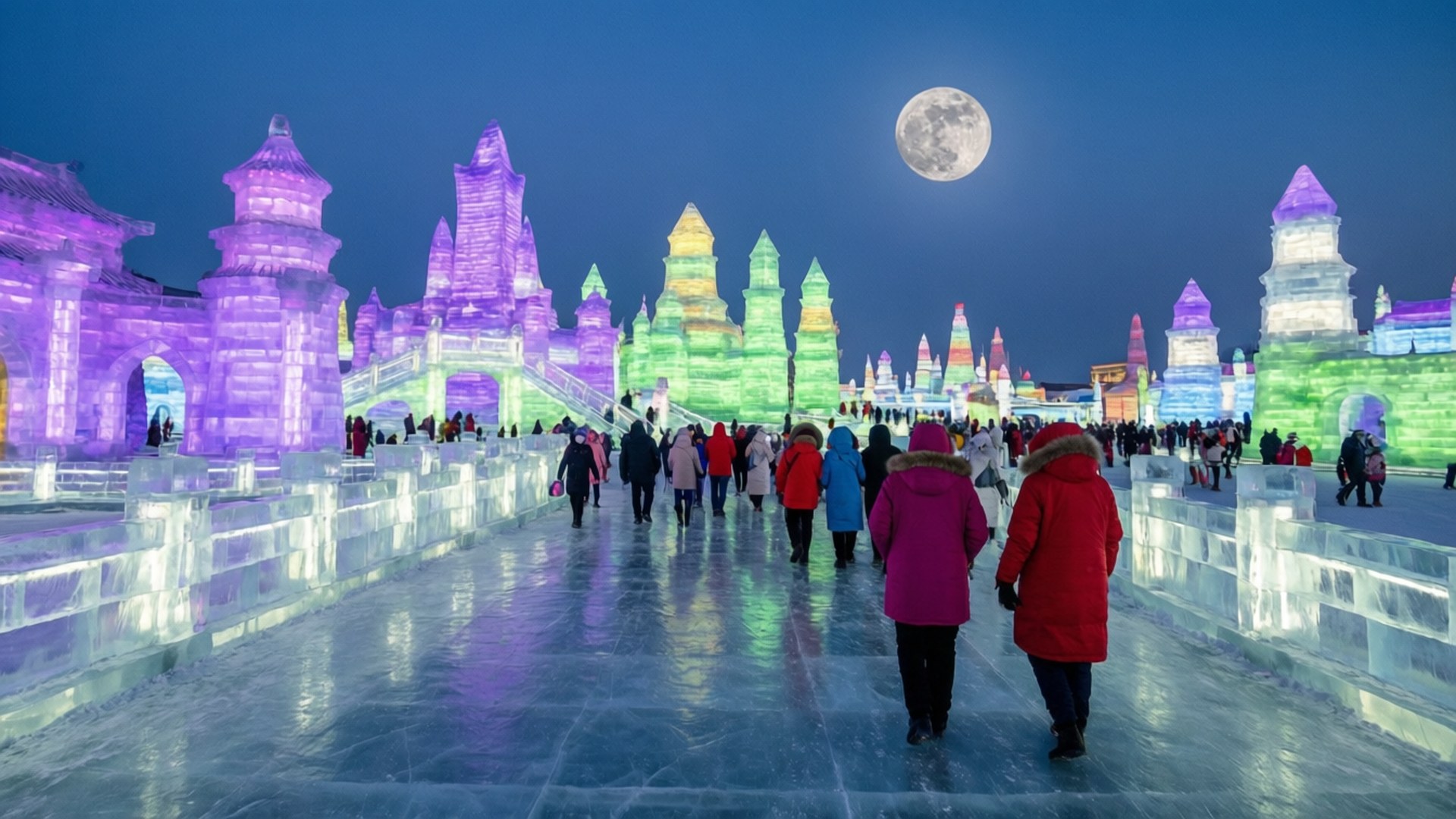 Fantasy Ice City 壁紙 — 遊客在滿月下沿著冰封小徑漫步，前往發光的紫色和綠色冰城堡結構。