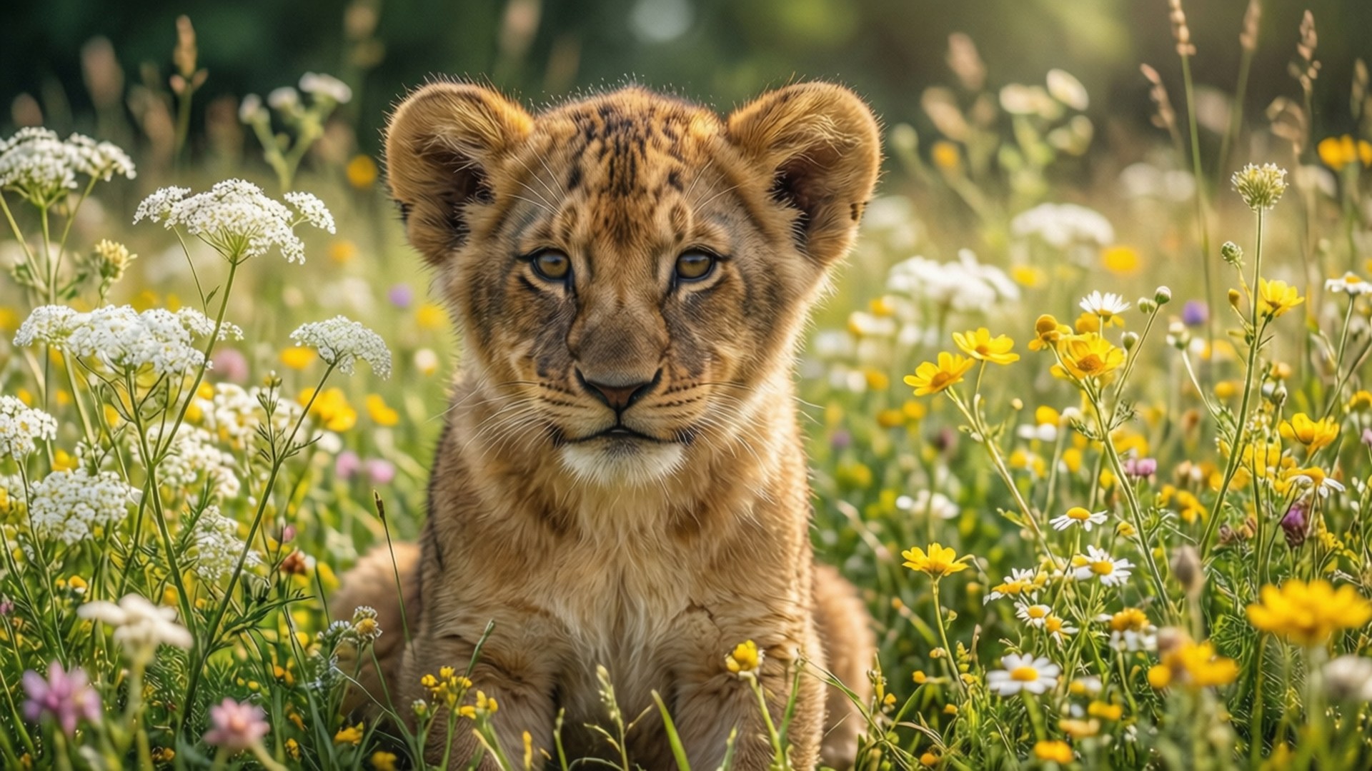 Cub in Flowers 壁紙 — 一隻金色毛髮的幼獅在陽光明媚的草地上，警覺地坐在鮮豔的黃色、白色和紫色野花中。