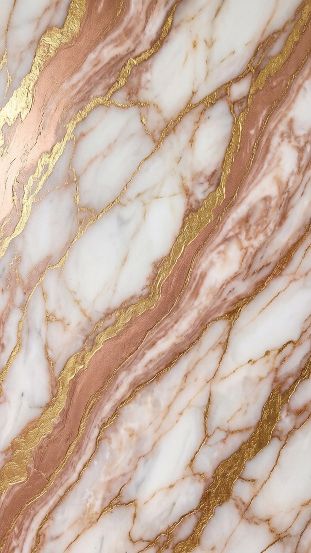 Marble Luxe 壁紙 — 優雅白色大理石，帶有玫瑰金紋理和閃爍金箔點綴，呈對角線流動。