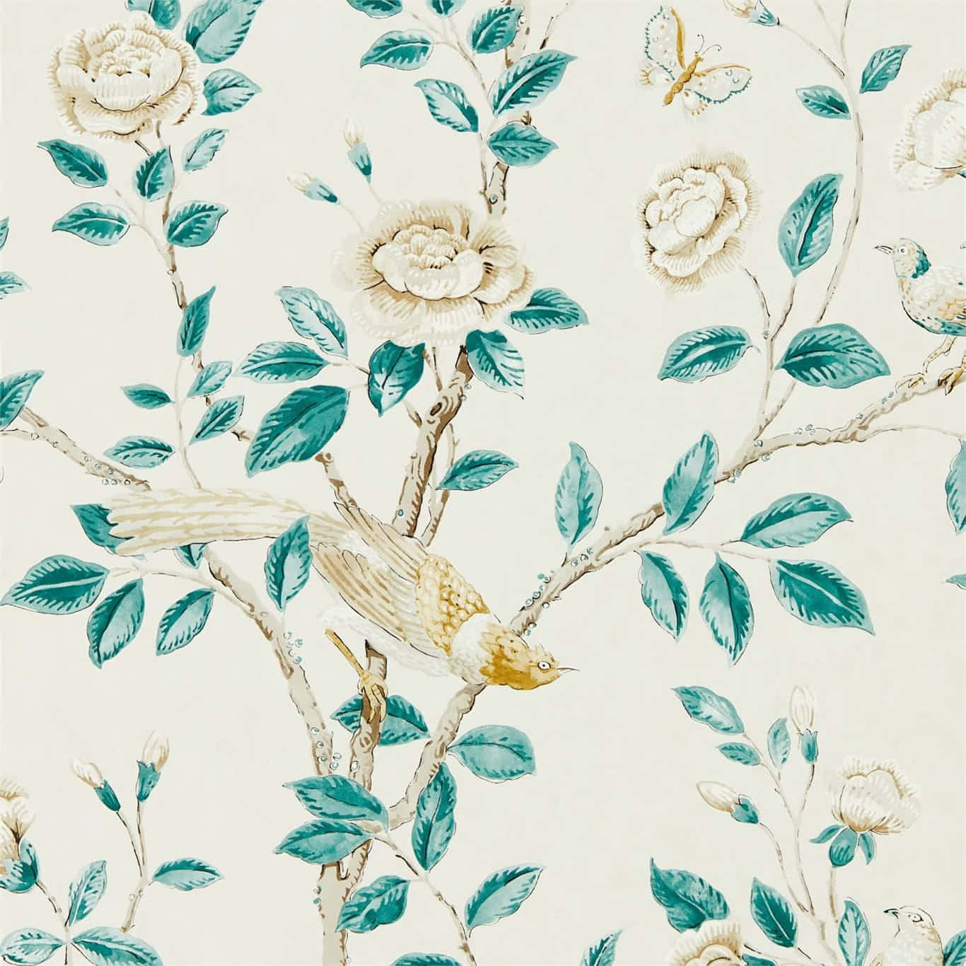  壁紙 — 優雅壁紙，帶有奶油色花朵、藍綠色葉子和枝頭小鳥，經典植物圖案。