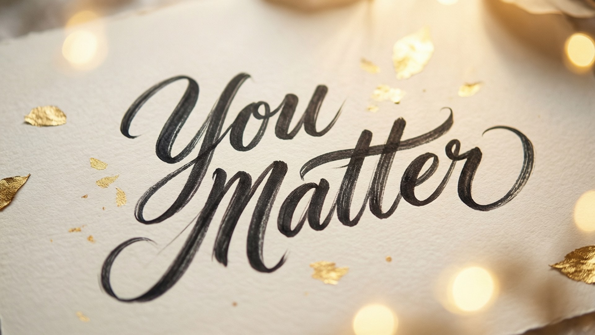 you matter 桌布 壁紙 — 優雅的黑色書法在紋理紙上寫著「你很重要」，周圍環繞著金色葉片碎片和柔和的光芒。