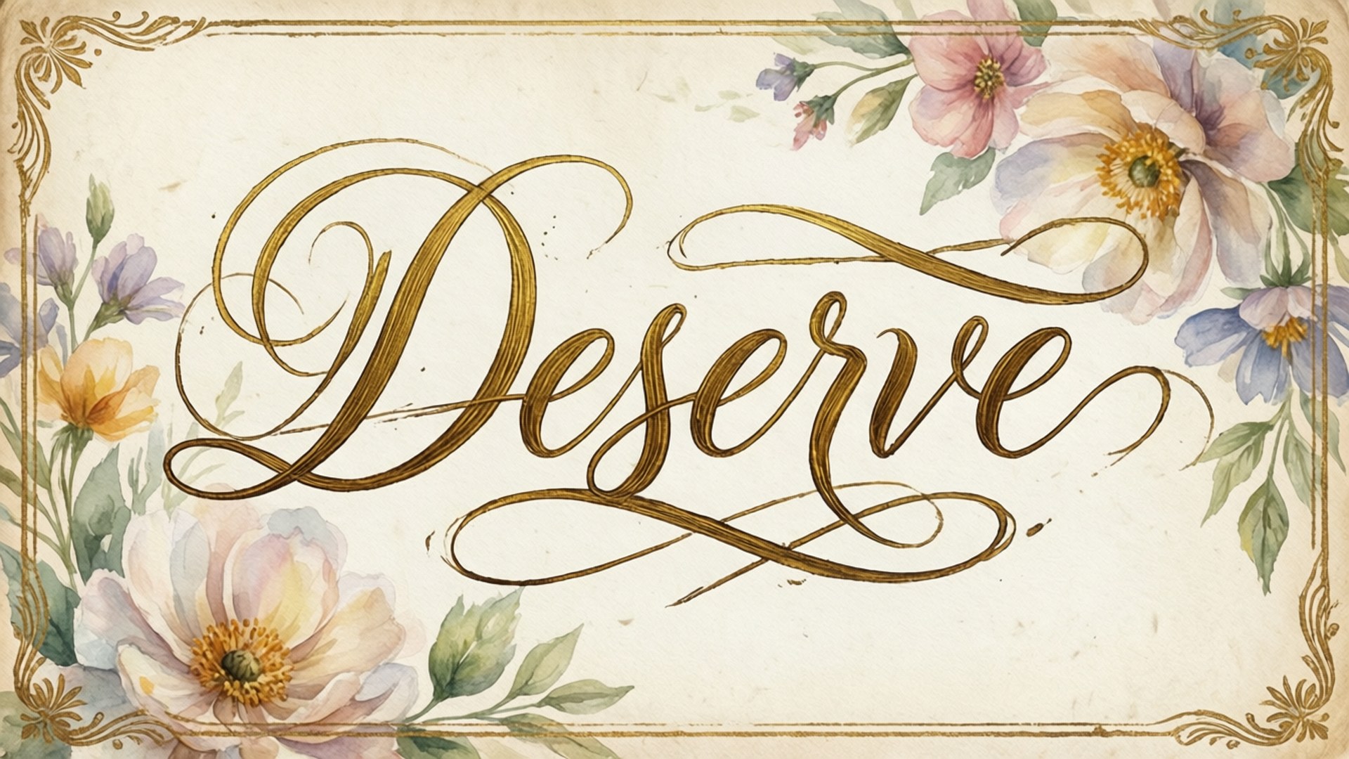 Deserve 桌布 壁紙 — 優雅的金色草書單詞「Deserve」被柔和的水彩花朵環繞，置於華麗的復古框架內。