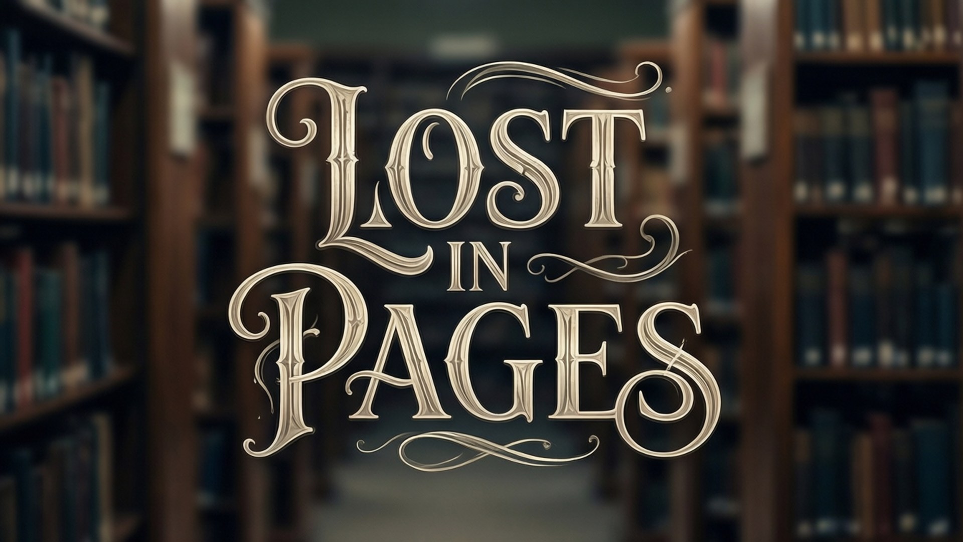 Lost in Pages Typography 壁紙 — 優雅的金色字體寫著「Lost in Pages」，漂浮在模糊的圖書館走廊上，兩旁是木製書架。