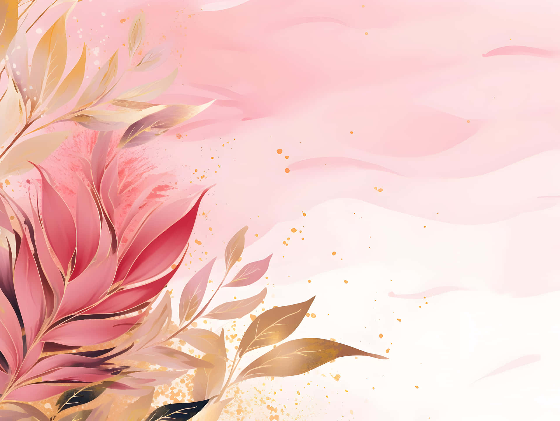  壁紙 — 優雅的粉紅和金色花卉插圖，帶有柔和的水彩洗滌和散落的閃亮點綴。