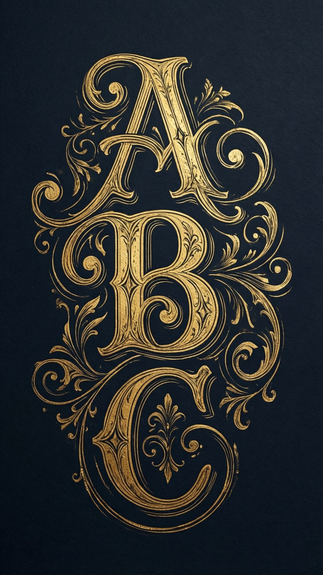 Vintage Gold ABC 壁紙 — 優雅的金色華麗字母A、B和C，帶有漩渦狀花飾，在深海軍藍背景下脫穎而出。