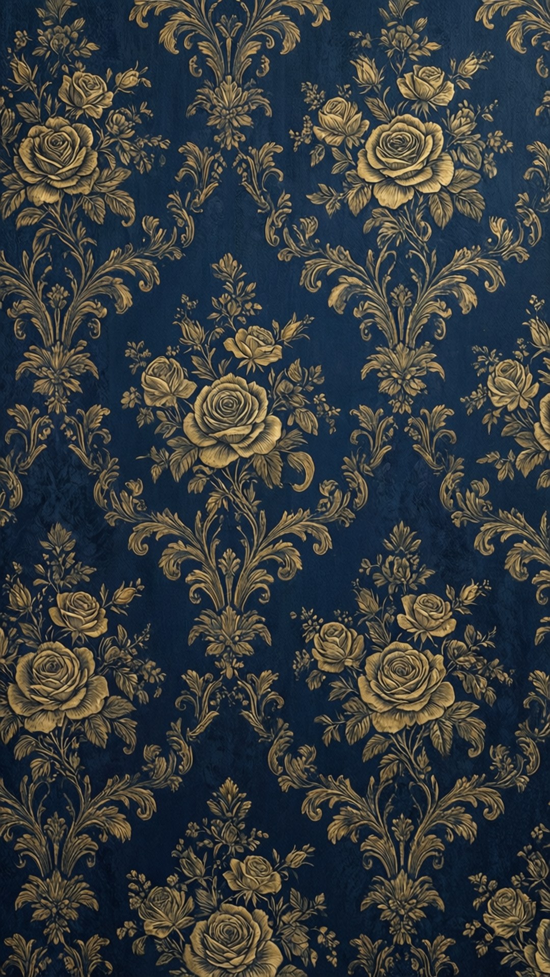 Navy And Gold 桌布 壁紙 — 優雅的金色玫瑰和蜿蜒的藤蔓裝飾著深海軍藍色紋理壁紙，呈現經典的大馬士革圖案。